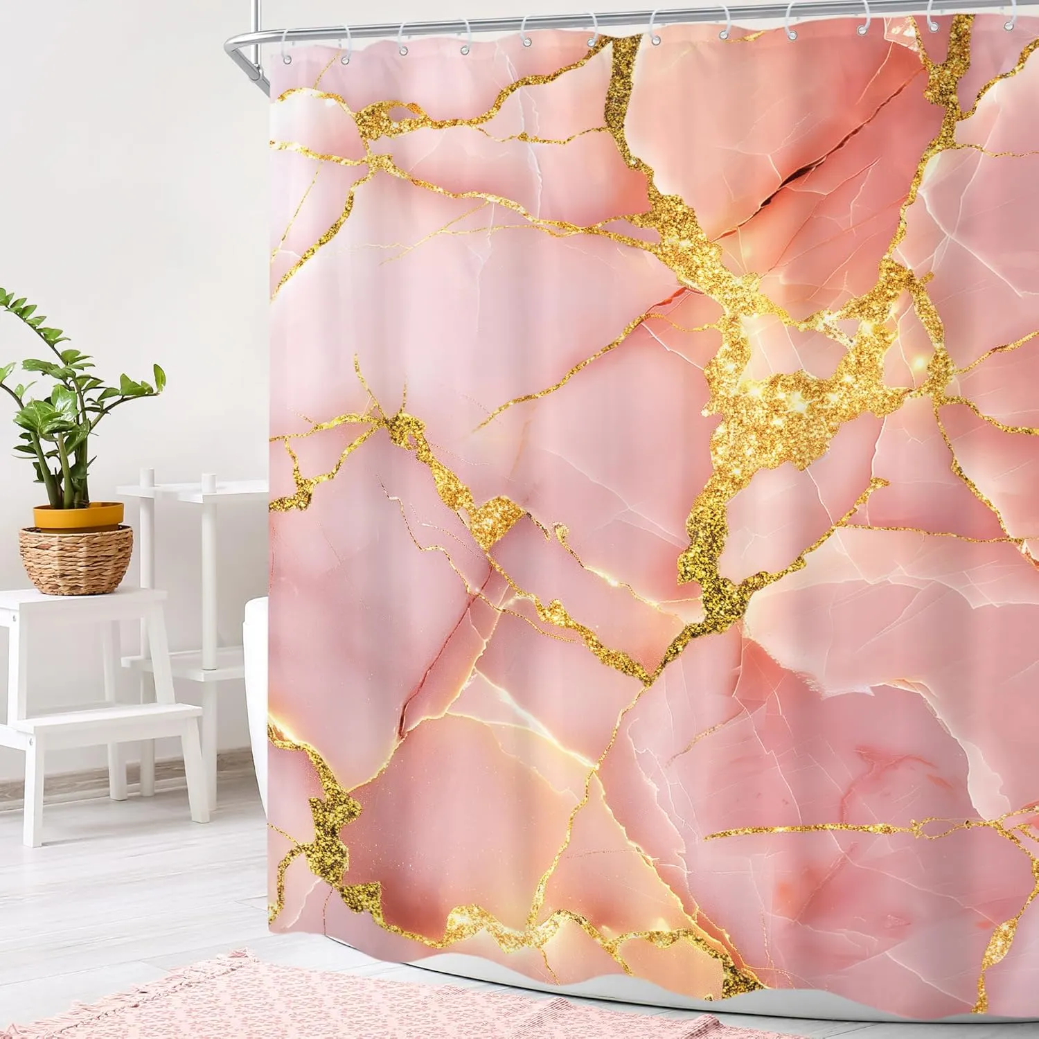 Cinbloo Abstract Pink Shower Curtain 60Wx72H Rose Gold Modern Ink Texture Blush Golden Line Elegant Minimalist Bathroom Curtain Set for Girls Woman Luxury Marble Bathroom Decor with 12 Hook