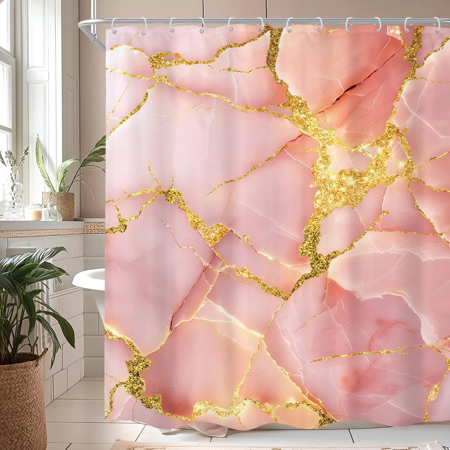 Cinbloo Abstract Pink Shower Curtain 60Wx72H Rose Gold Modern Ink Texture Blush Golden Line Elegant Minimalist Bathroom Curtain Set for Girls Woman Luxury Marble Bathroom Decor with 12 Hook