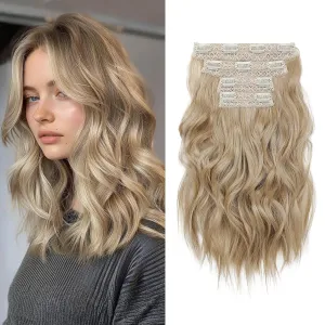 Clip in Hair Extensions, 14" Beach Wave Brown Hair, 4PCS Natural Soft Synthetic Hairpiece - Champagne Blonde