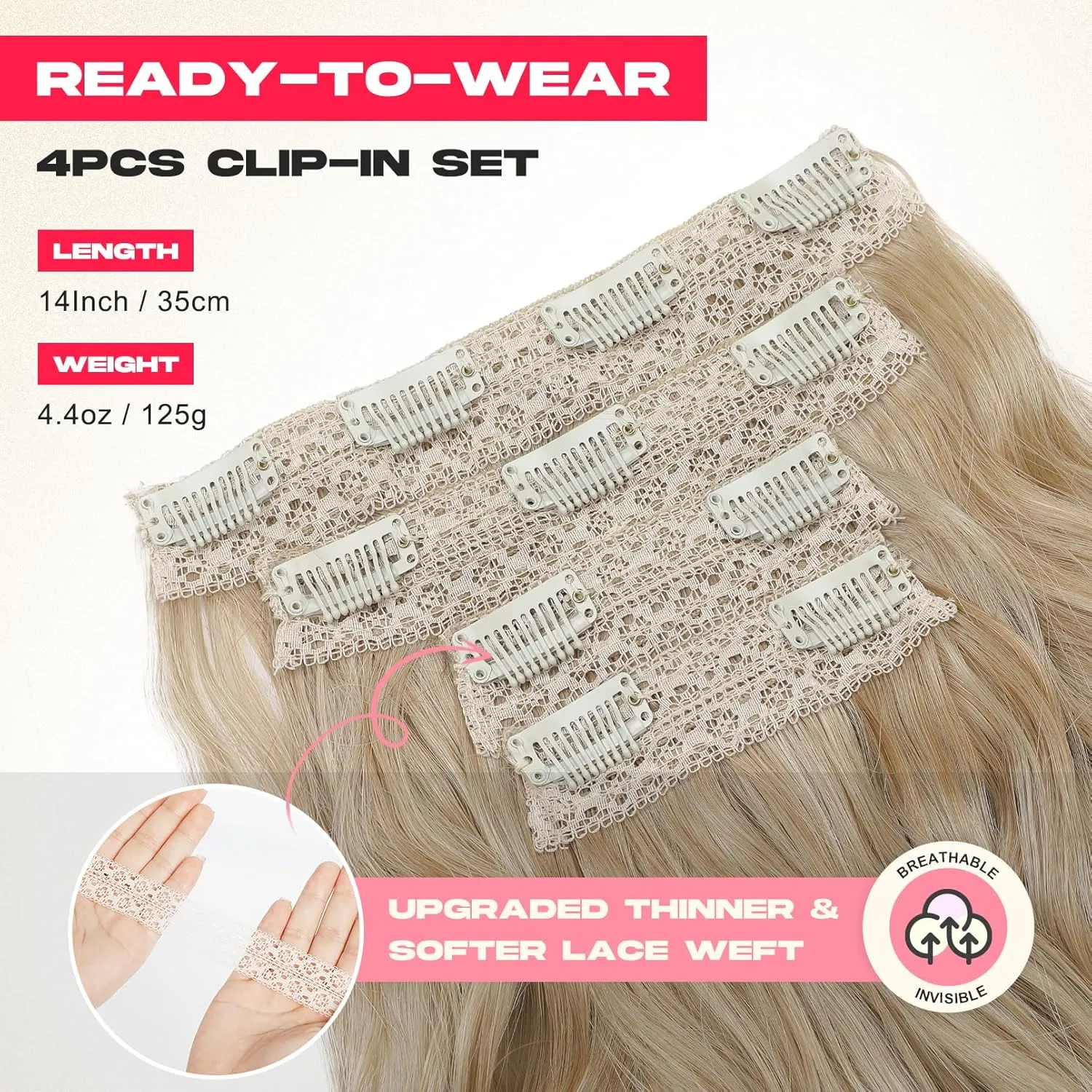 Clip in Hair Extensions, 14" Beach Wave Brown Hair, 4PCS Natural Soft Synthetic Hairpiece - Champagne Blonde