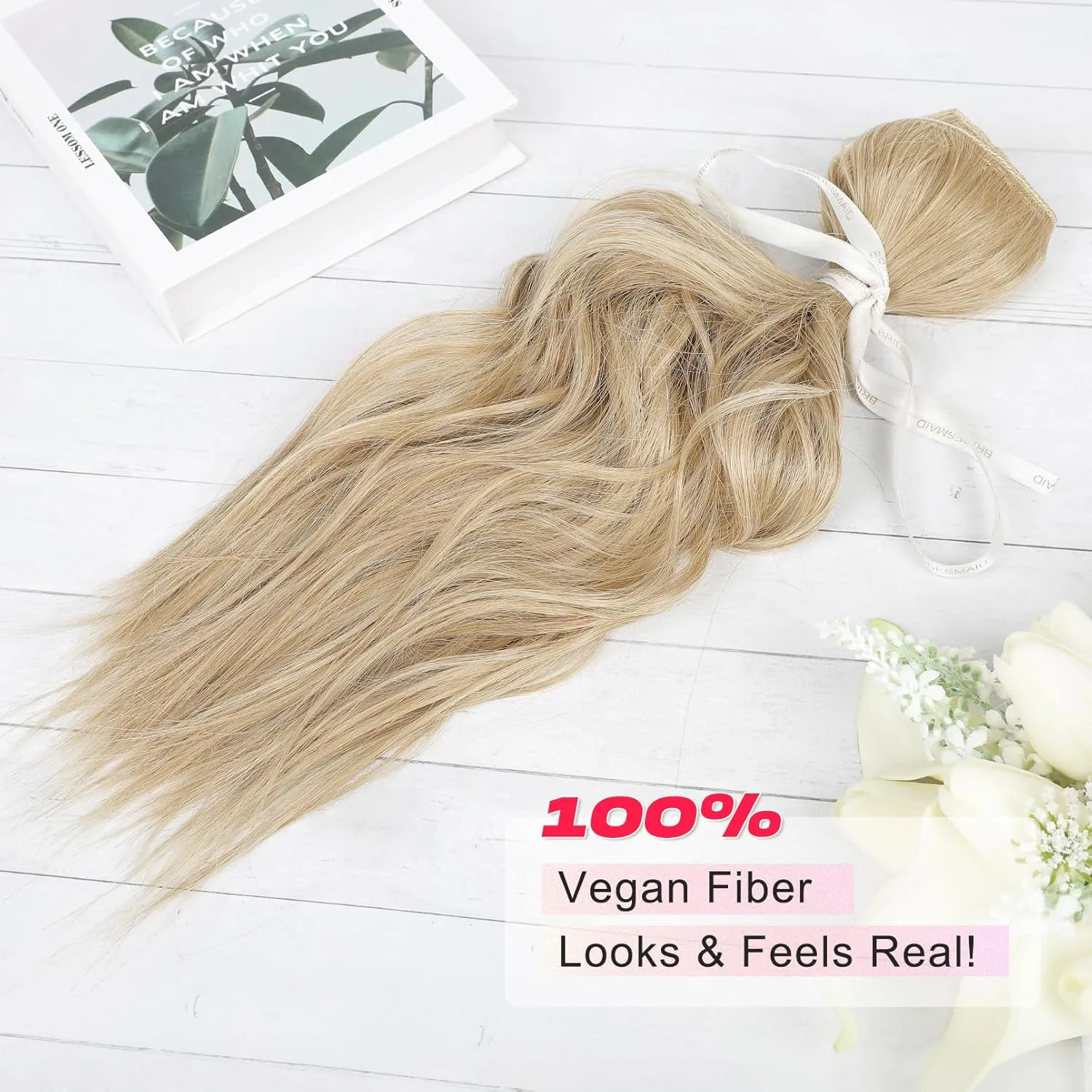 Clip in Hair Extensions, 14" Beach Wave Brown Hair, 4PCS Natural Soft Synthetic Hairpiece - Champagne Blonde