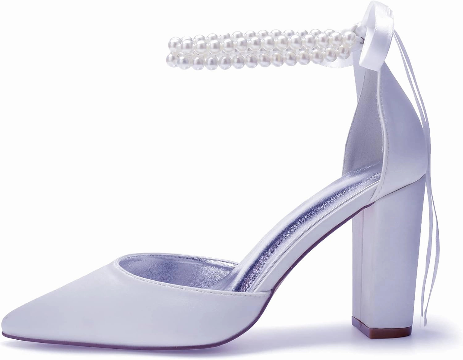 Closed Toe Pearl High Heels Satin Wedding Shoes for Bride Block Heels Bridal Shoes Prom Evening Party Dress Shoes Pumps
