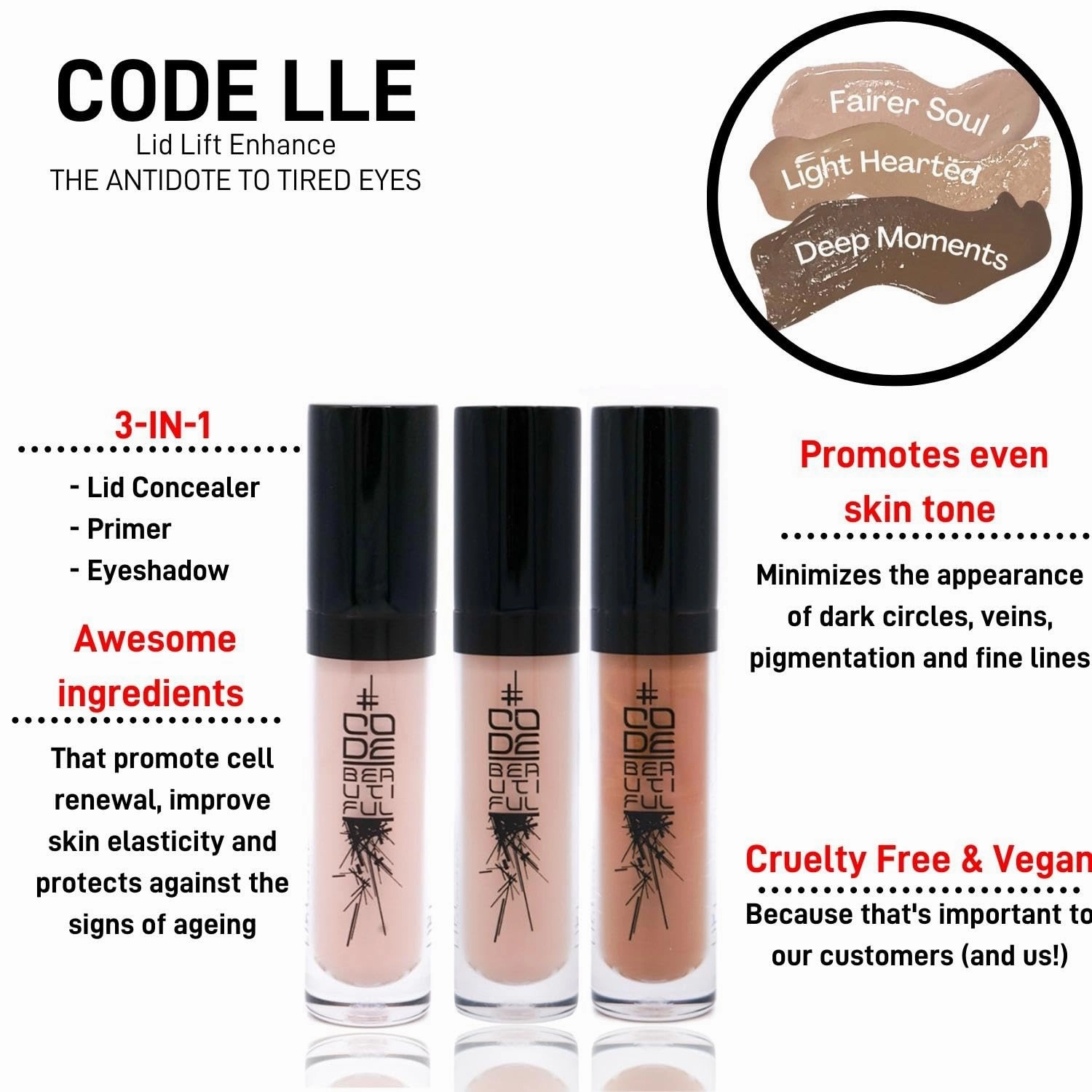 CODE Beautiful Eye Primer and Under Eye Concealer | Eye concealers | Eyeshadow Primer | Eye Lift - The Antidote To Tired Eyes | Vegan & Cruelty Free | LLE Lid Lift Enhance (Light Hearted)