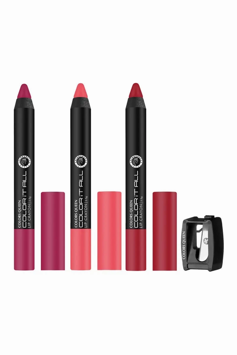 Colors Queen It All Matte Lipstick Long Lasting Lip Crayon 3 Pcs (Plum Pick, Rich High, Pink Up)