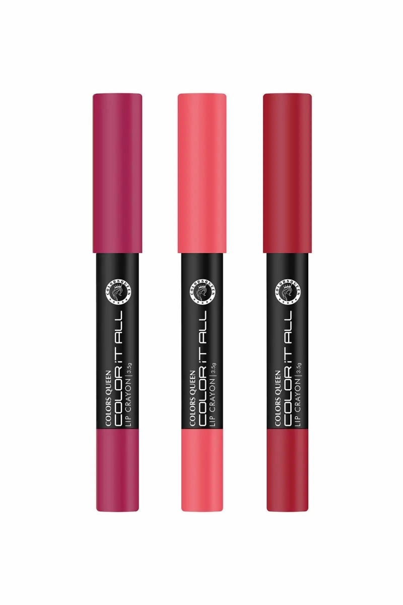 Colors Queen It All Matte Lipstick Long Lasting Lip Crayon 3 Pcs (Plum Pick, Rich High, Pink Up)