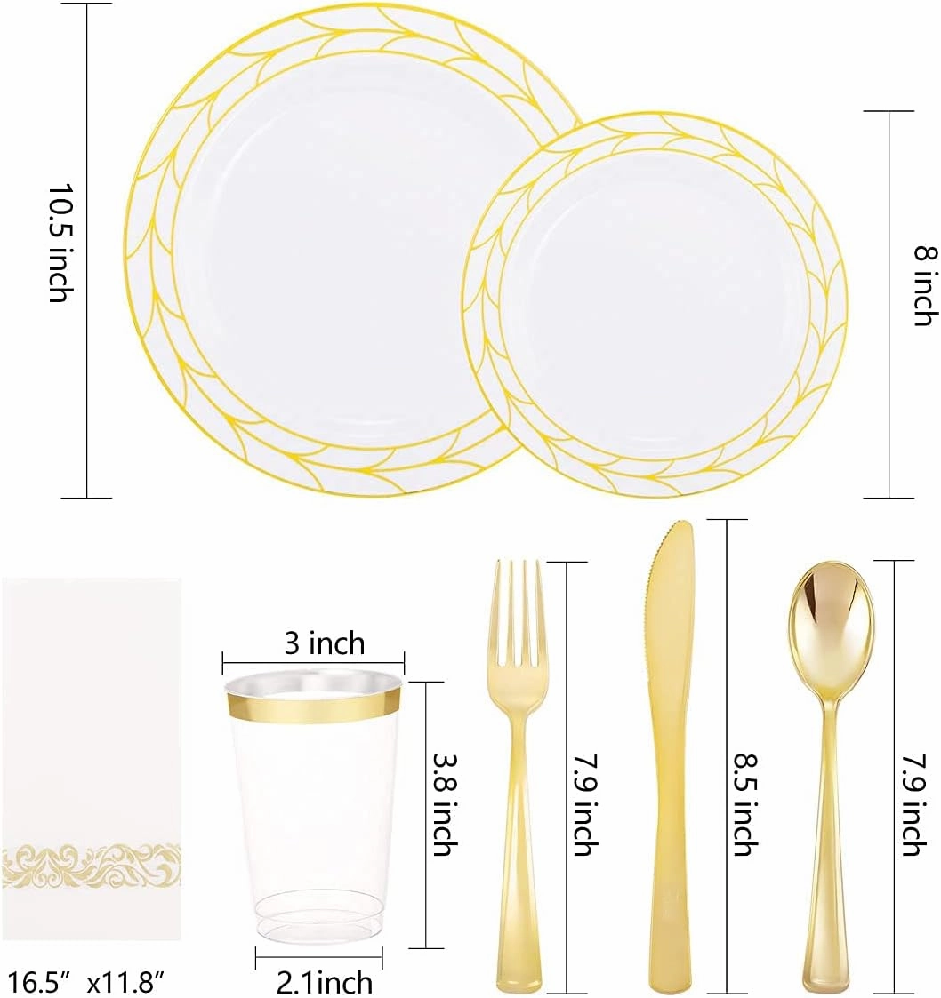 COLOSUS 175pcs Disposable Gold Plastic Party Plates and Silverware set Include Plastic Dinner Plate/Dessert Plate/Gold Silverware/Cup/Napkins 25pcs of each, party Dinnerware Set for 25guests.