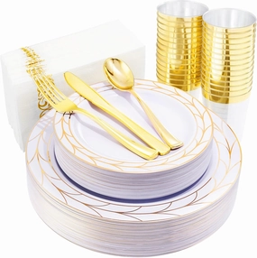 COLOSUS 175pcs Disposable Gold Plastic Party Plates and Silverware set Include Plastic Dinner Plate/Dessert Plate/Gold Silverware/Cup/Napkins 25pcs of each, party Dinnerware Set for 25guests.