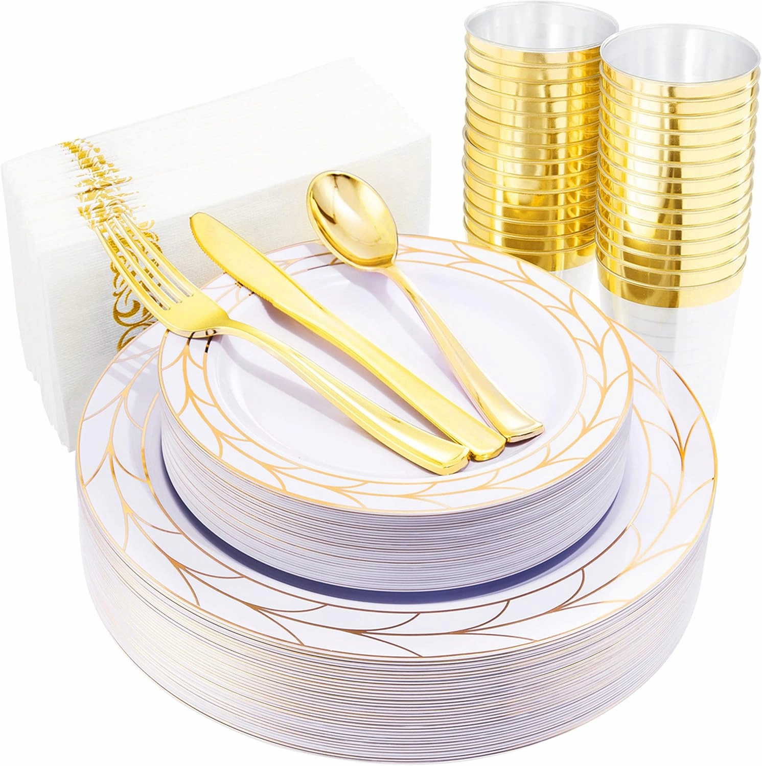 COLOSUS 175pcs Disposable Gold Plastic Party Plates and Silverware set Include Plastic Dinner Plate/Dessert Plate/Gold Silverware/Cup/Napkins 25pcs of each, party Dinnerware Set for 25guests.