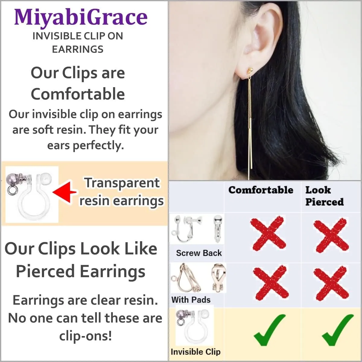 Comfortable Stick Invisible Clip On Earrings Gold Dangle Long Waved Threader Bar Clip-On Non Pierced Earrings Silver For Women, Miyabi Grace…