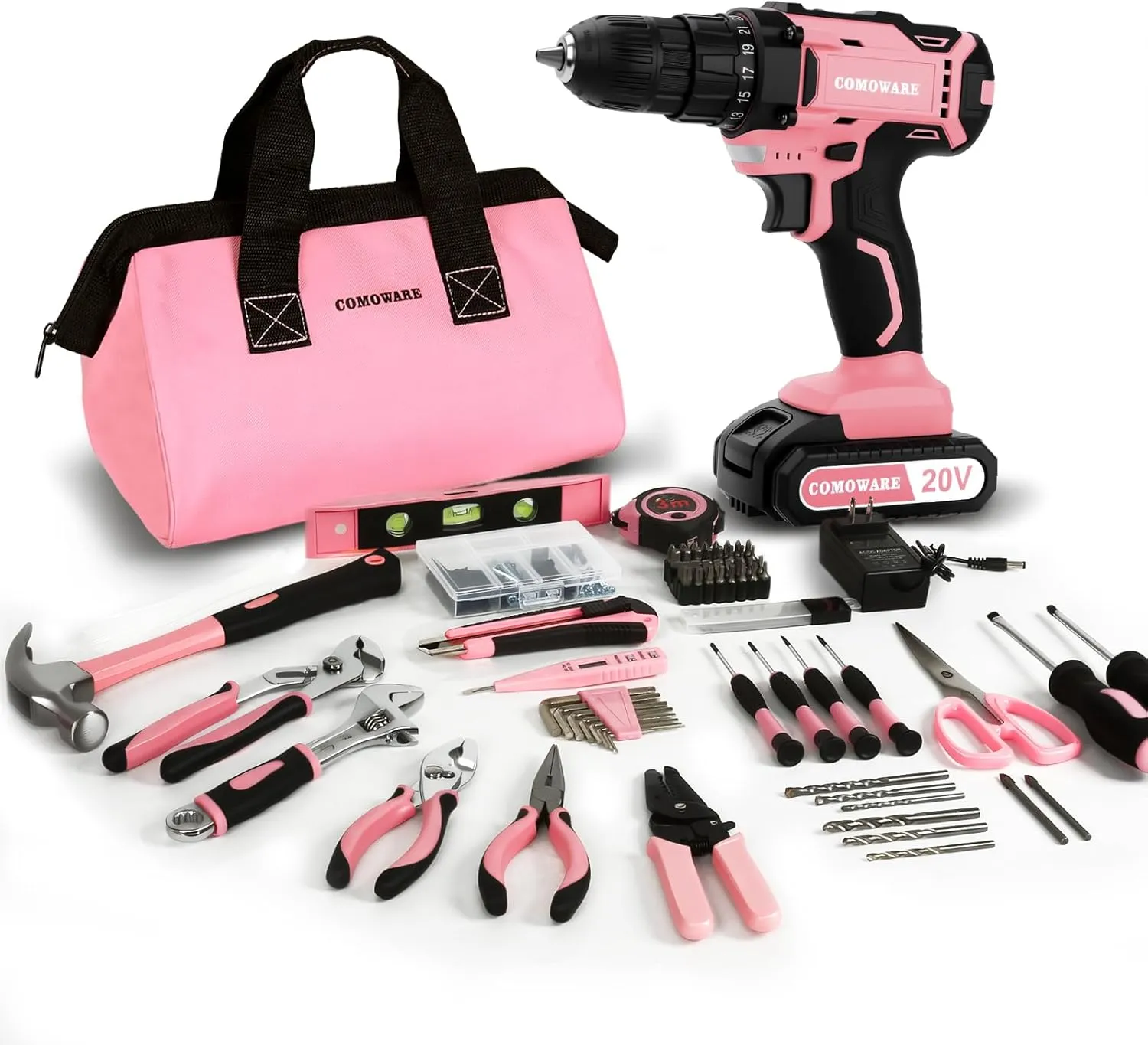 COMOWARE 171Pcs Home Tool Kit with 20V Power Drill, Pink Drill Set for Women, Lady's Home Repairing Tool Set with Storage Bag for DIY Home Maintenance