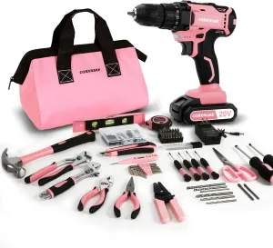 COMOWARE 171Pcs Home Tool Kit with 20V Power Drill, Pink Drill Set for Women, Lady's Home Repairing Tool Set with Storage Bag for DIY Home Maintenance