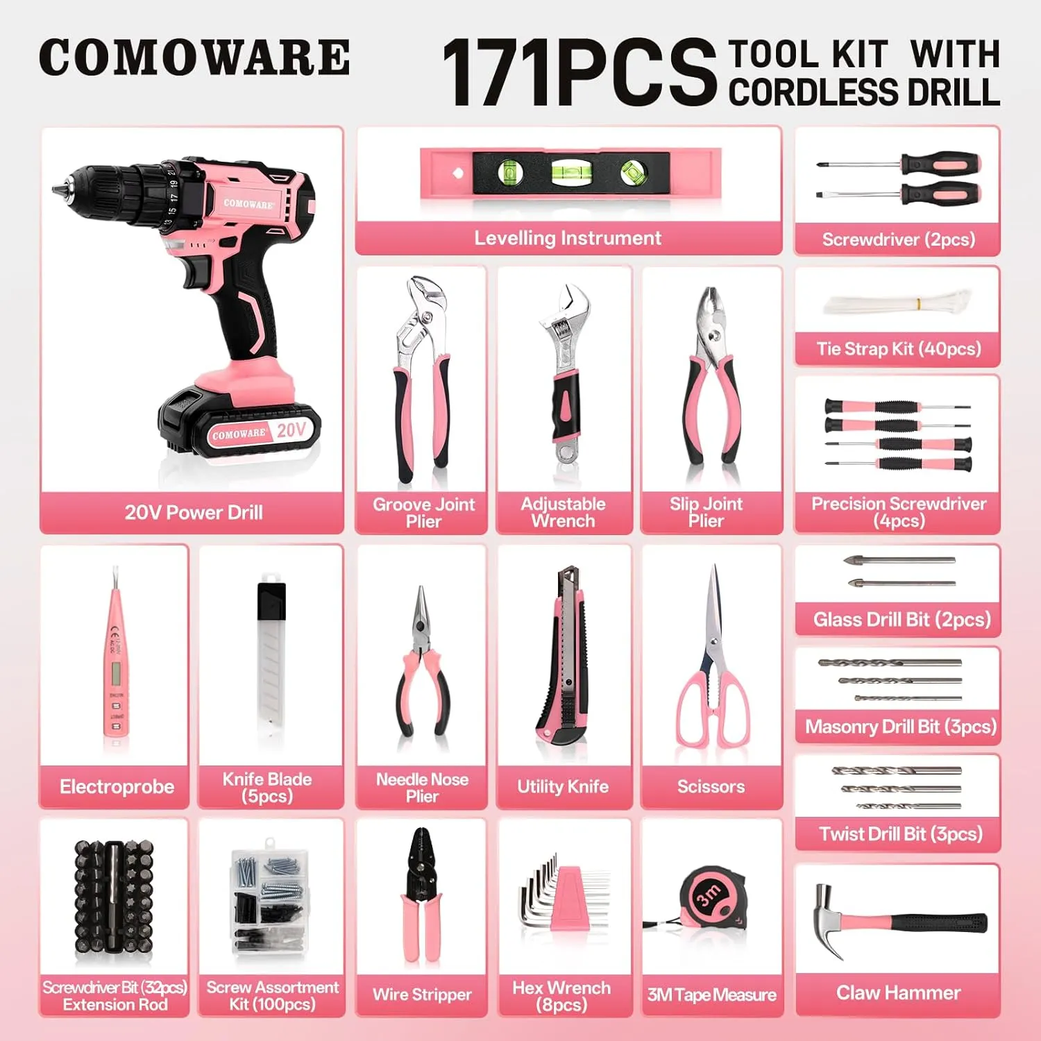 COMOWARE 171Pcs Home Tool Kit with 20V Power Drill, Pink Drill Set for Women, Lady's Home Repairing Tool Set with Storage Bag for DIY Home Maintenance