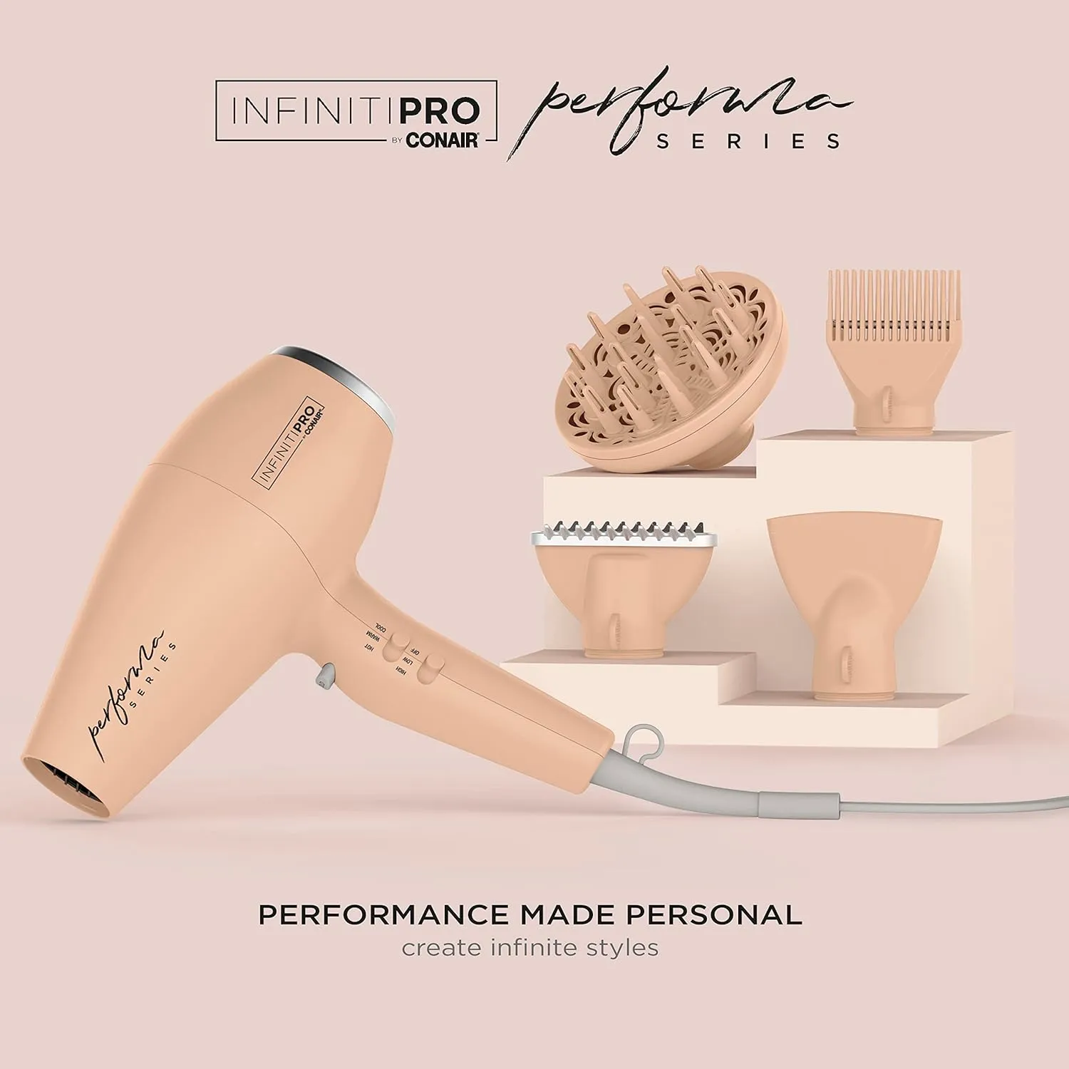 Conair Infiniti Pro Hair Dryer with Diffuser plus 3 Other Attachments | Performa Series Hair Dryer | Blow Dryer with Professional Performance Motor | Blush Pink