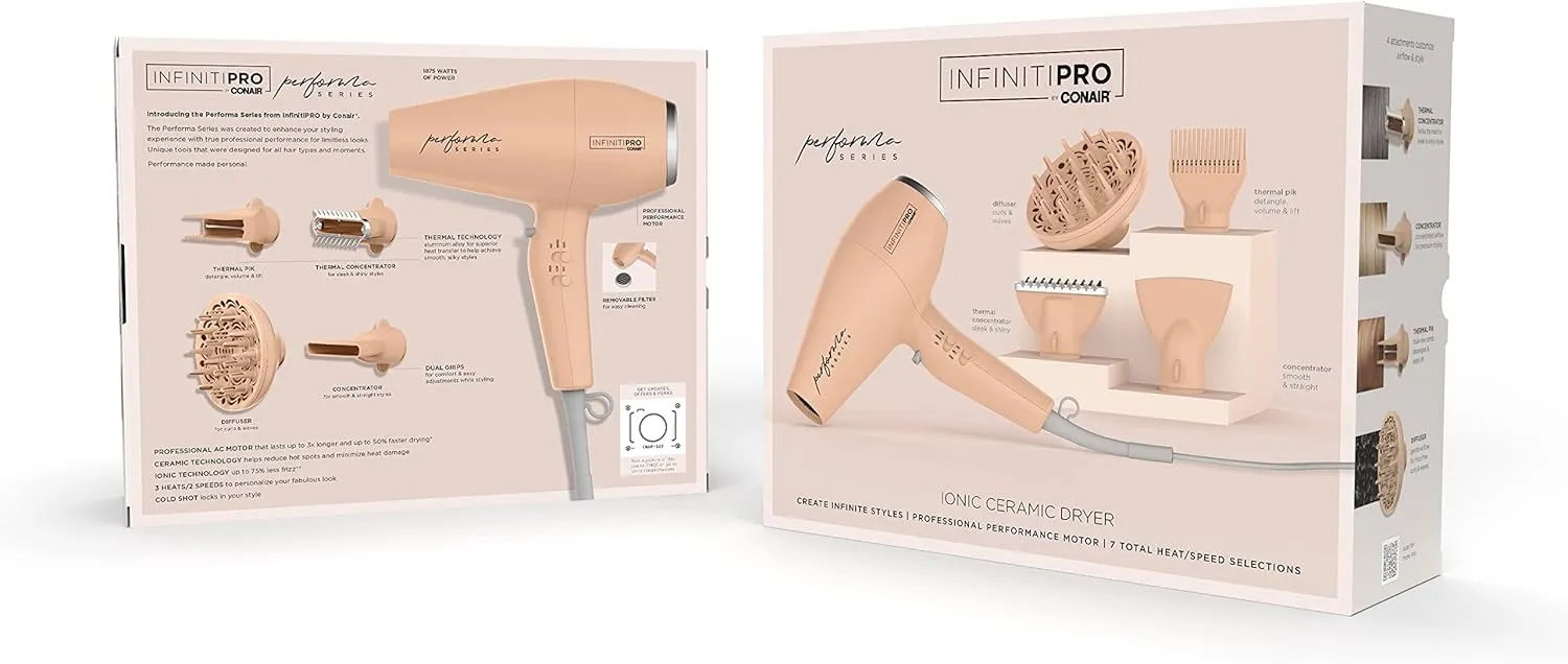 Conair Infiniti Pro Hair Dryer with Diffuser plus 3 Other Attachments | Performa Series Hair Dryer | Blow Dryer with Professional Performance Motor | Blush Pink