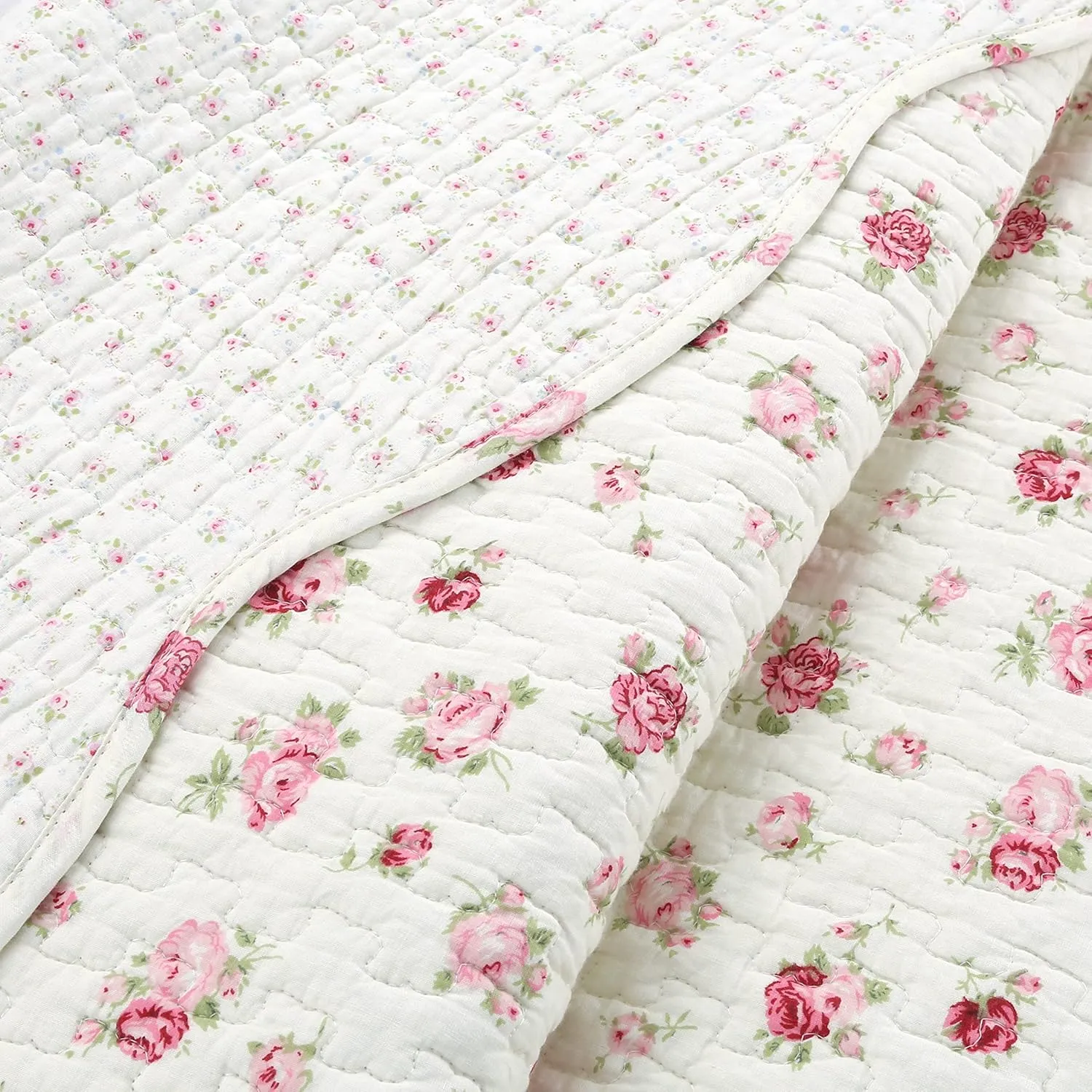 Cozy Line Home Fashions Pink Rose Garden Floral 100% Cotton Reversible Coverlet Bedspread Quilt Bedding Set (Ivory Rose, Queen - 3 Piece)