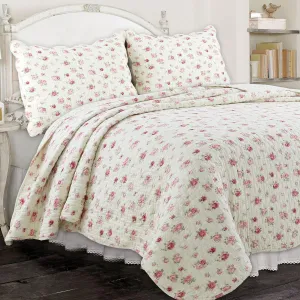 Cozy Line Home Fashions Pink Rose Garden Floral 100% Cotton Reversible Coverlet Bedspread Quilt Bedding Set (Ivory Rose, Queen - 3 Piece)