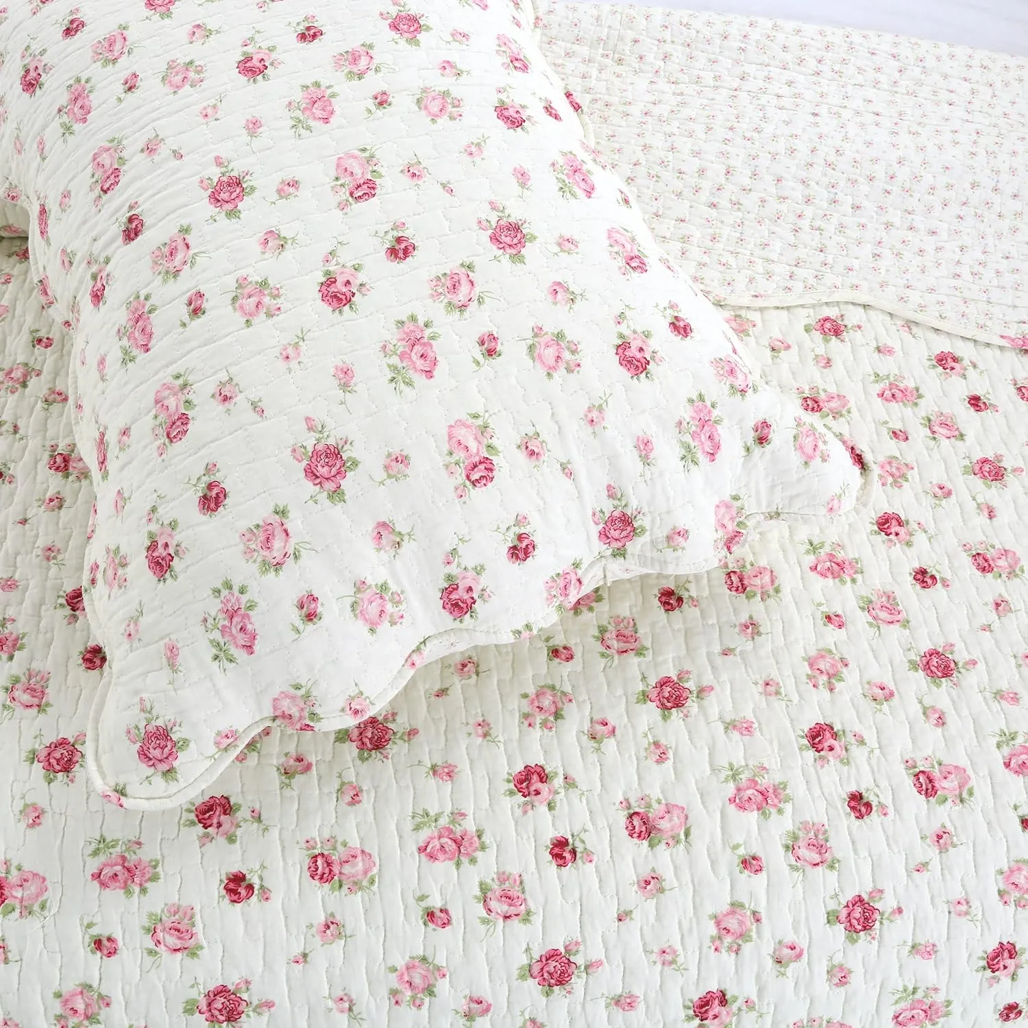 Cozy Line Home Fashions Pink Rose Garden Floral 100% Cotton Reversible Coverlet Bedspread Quilt Bedding Set (Ivory Rose, Queen - 3 Piece)