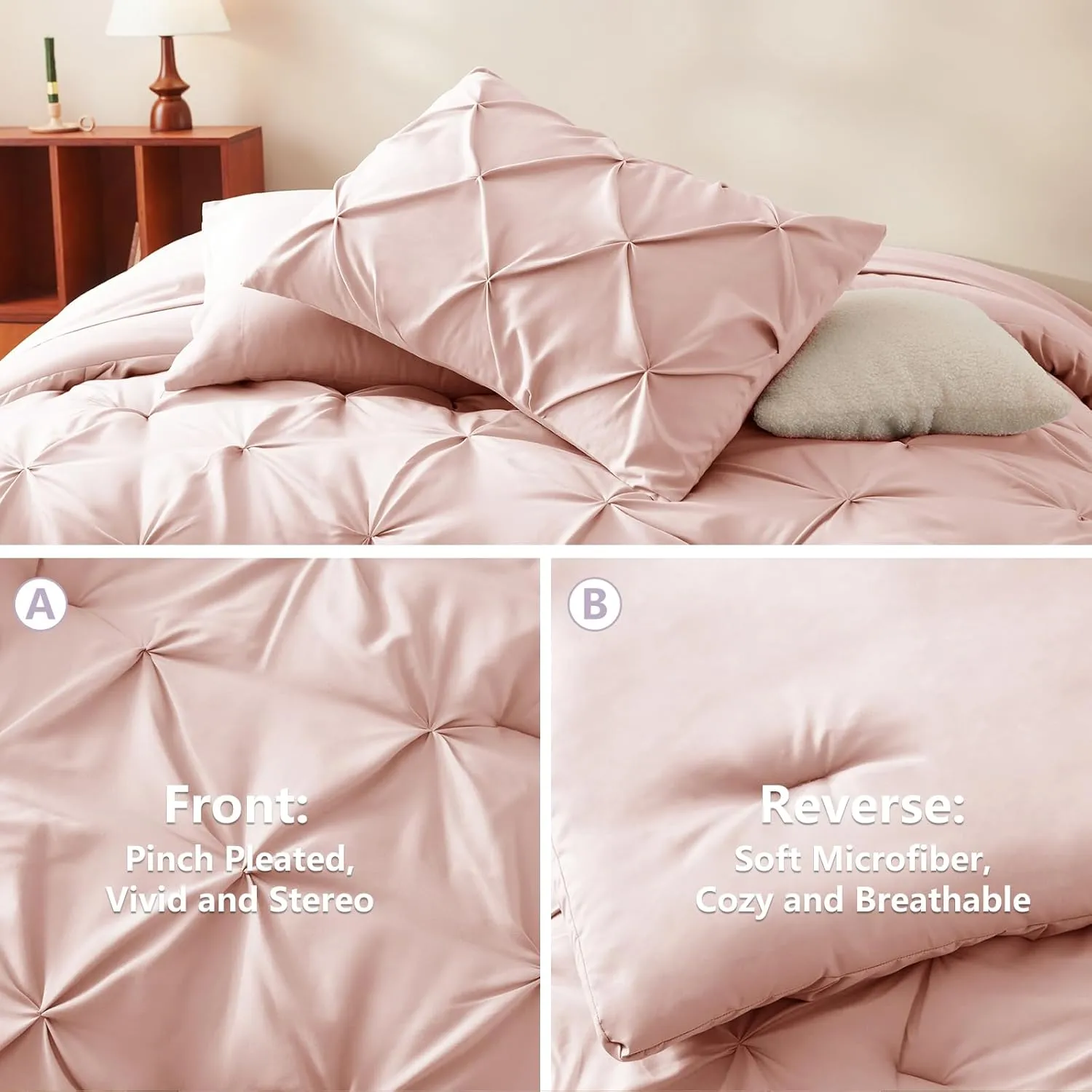 CozyLux Pink Comforter Set Queen, 7 Pieces Bed in a Bag Blush Pink, Teen Girl Pintuck Comforters Pinch Pleat Bedding Sets with All Season Comforter, Flat Sheet, Fitted Sheet and Pillowcases & Shams