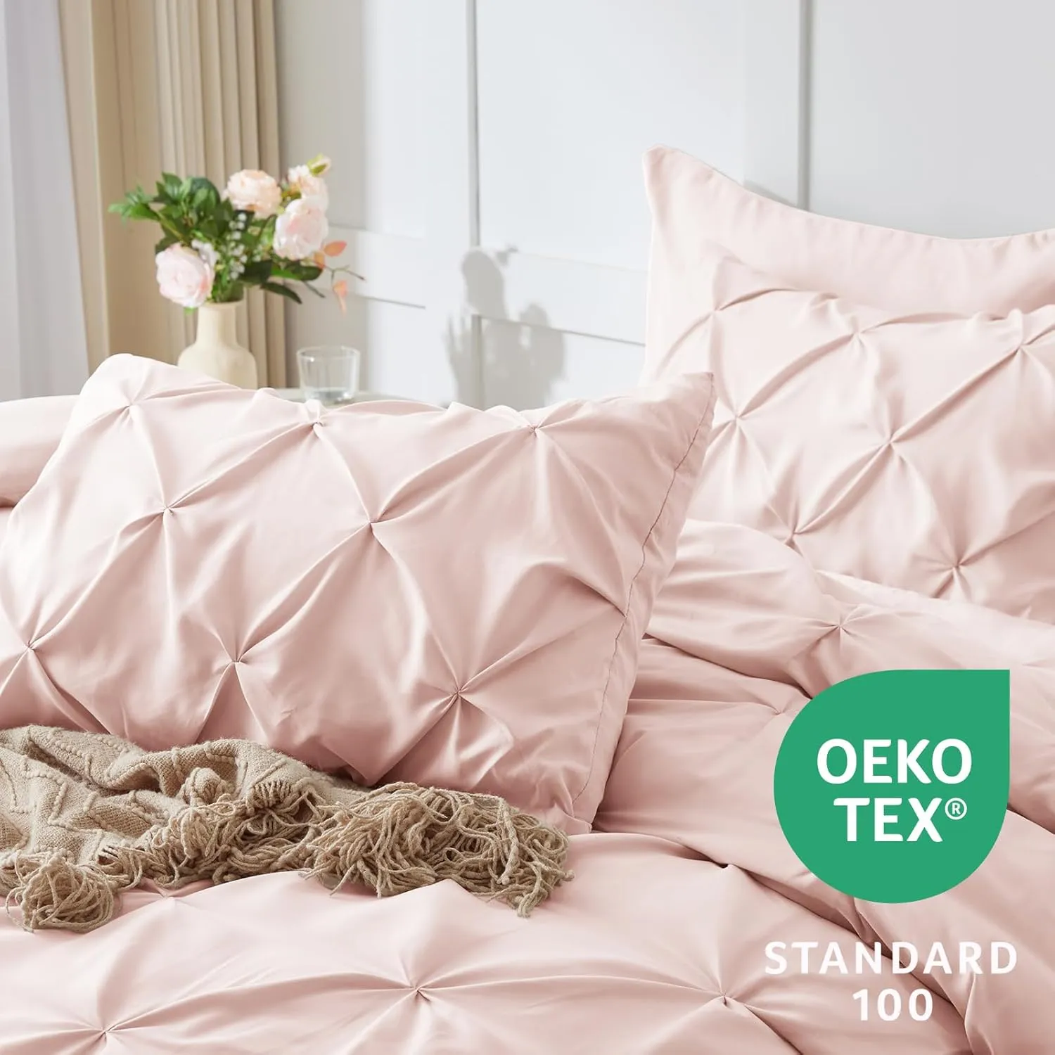 CozyLux Pink Comforter Set Queen, 7 Pieces Bed in a Bag Blush Pink, Teen Girl Pintuck Comforters Pinch Pleat Bedding Sets with All Season Comforter, Flat Sheet, Fitted Sheet and Pillowcases & Shams