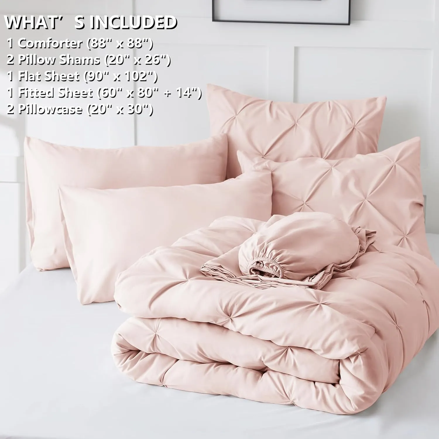 CozyLux Pink Comforter Set Queen, 7 Pieces Bed in a Bag Blush Pink, Teen Girl Pintuck Comforters Pinch Pleat Bedding Sets with All Season Comforter, Flat Sheet, Fitted Sheet and Pillowcases & Shams