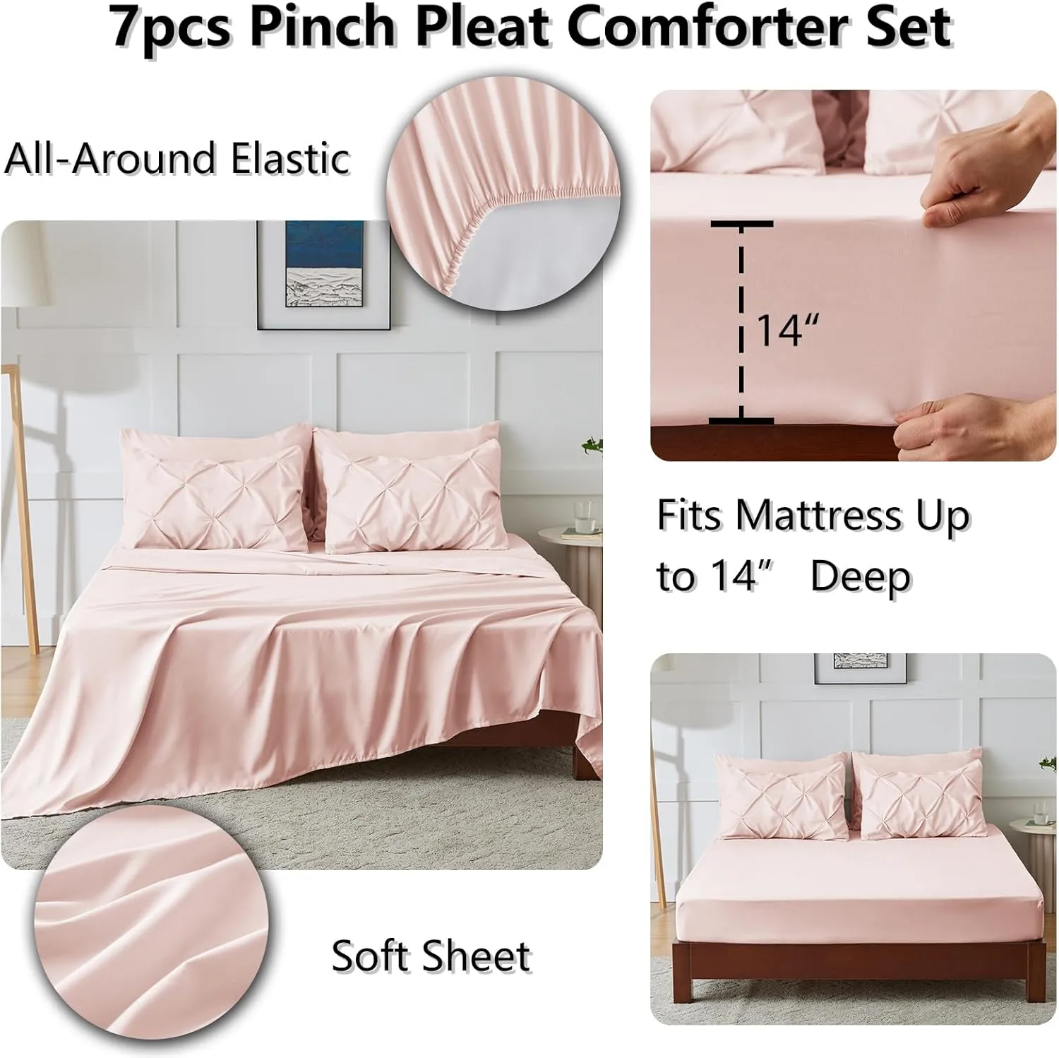 CozyLux Pink Comforter Set Queen, 7 Pieces Bed in a Bag Blush Pink, Teen Girl Pintuck Comforters Pinch Pleat Bedding Sets with All Season Comforter, Flat Sheet, Fitted Sheet and Pillowcases & Shams