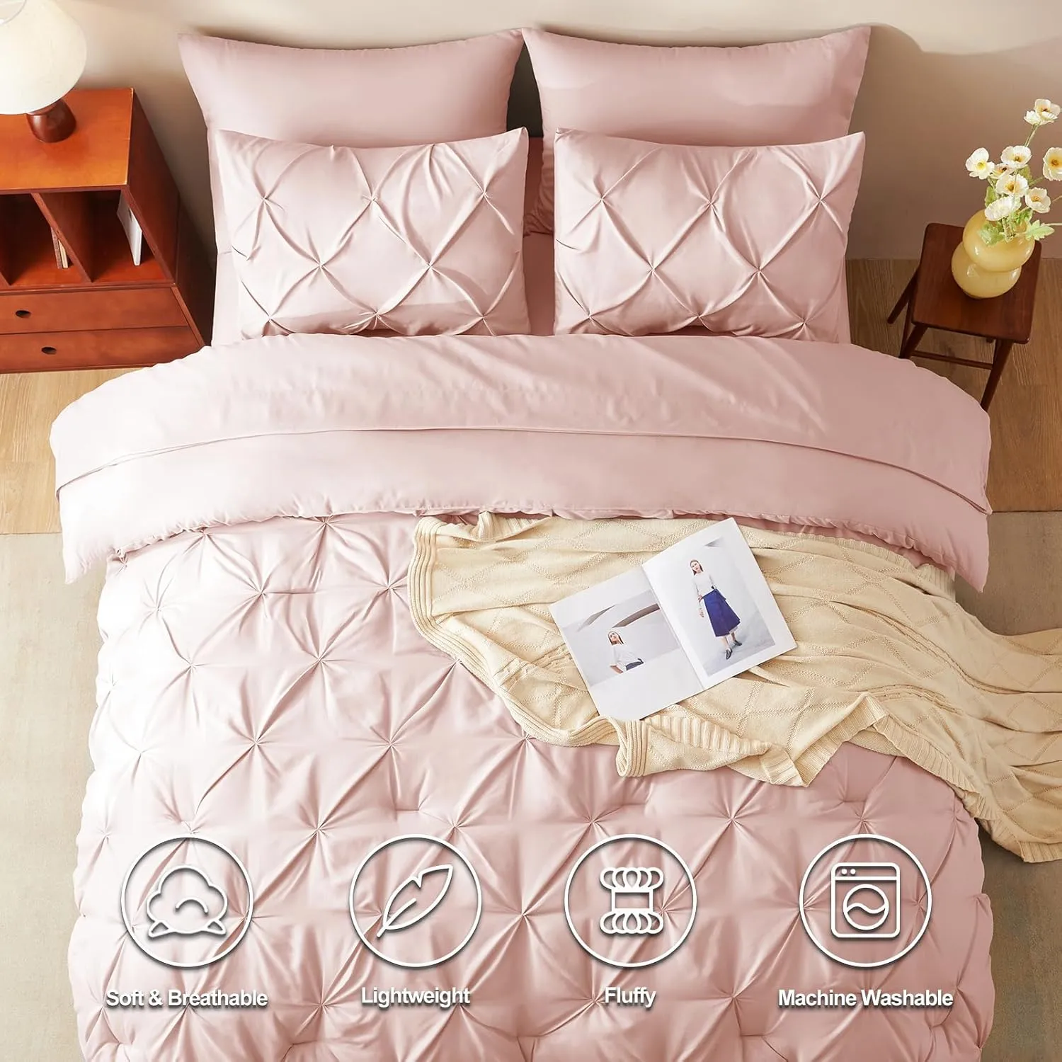 CozyLux Pink Comforter Set Queen, 7 Pieces Bed in a Bag Blush Pink, Teen Girl Pintuck Comforters Pinch Pleat Bedding Sets with All Season Comforter, Flat Sheet, Fitted Sheet and Pillowcases & Shams
