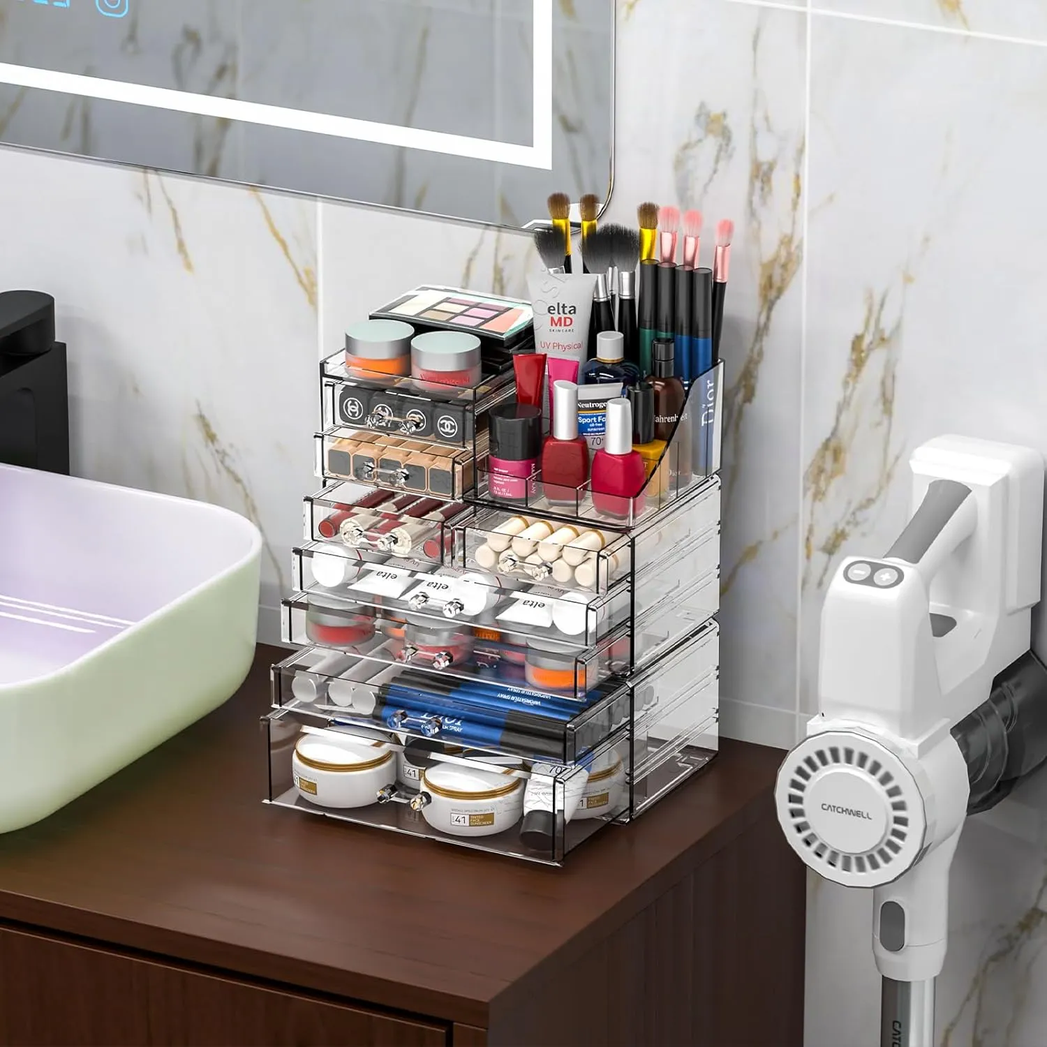 Cq acrylic 3 Pack Clear Make Up Organizers for Vanity With 8 Drawers,Stackable Skincare Organizer and Cosmetic Storage Organizer for Jewelry,Lipstick,Beauty,Skin Care,Vanity Organizers and Storage