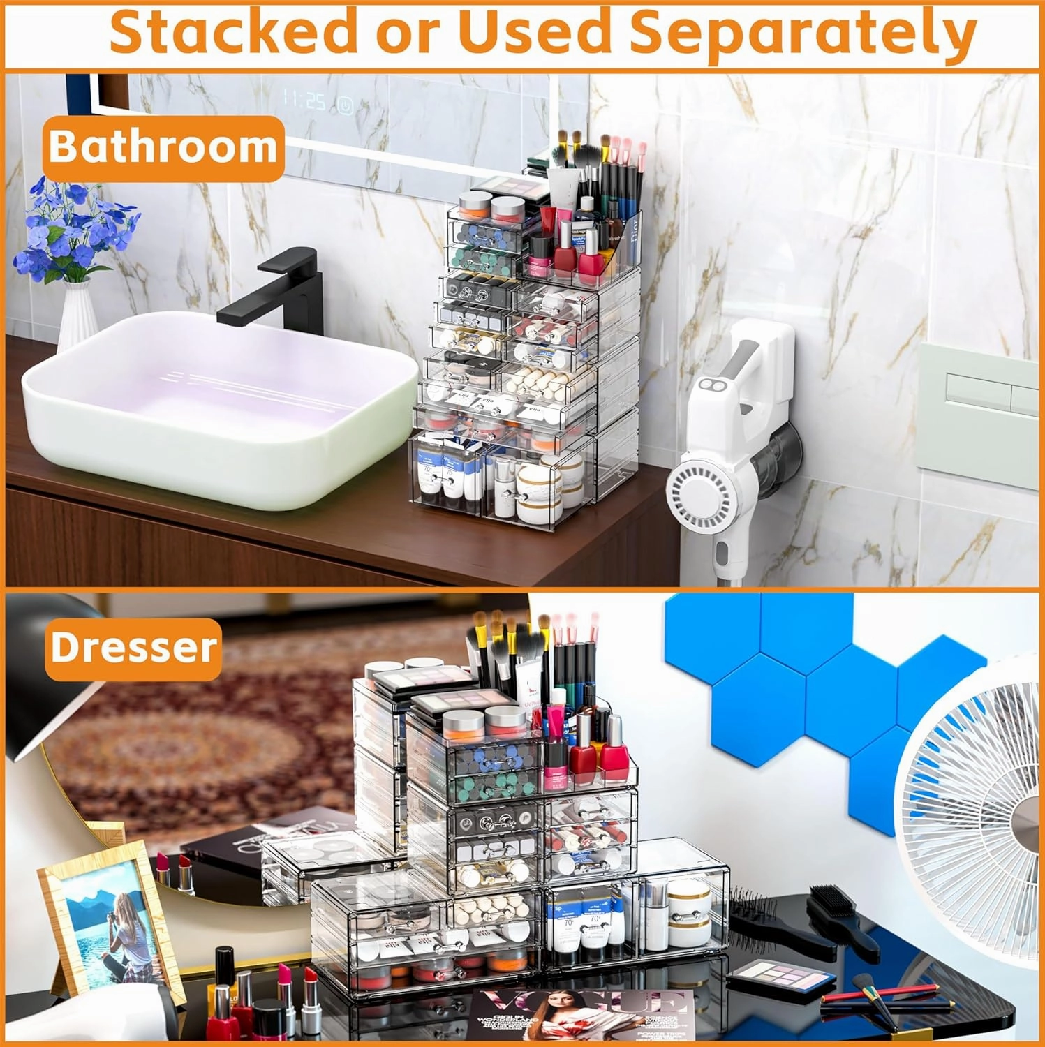 Cq acrylic Make Up Organizers for Vanity With 14 Drawers, 4 Pack Clear Drawer Organizers,Plastic Cute Desk Accessories Organization and Bathroom Organizers Storage Case Box Cube for Beauty,Skin Care