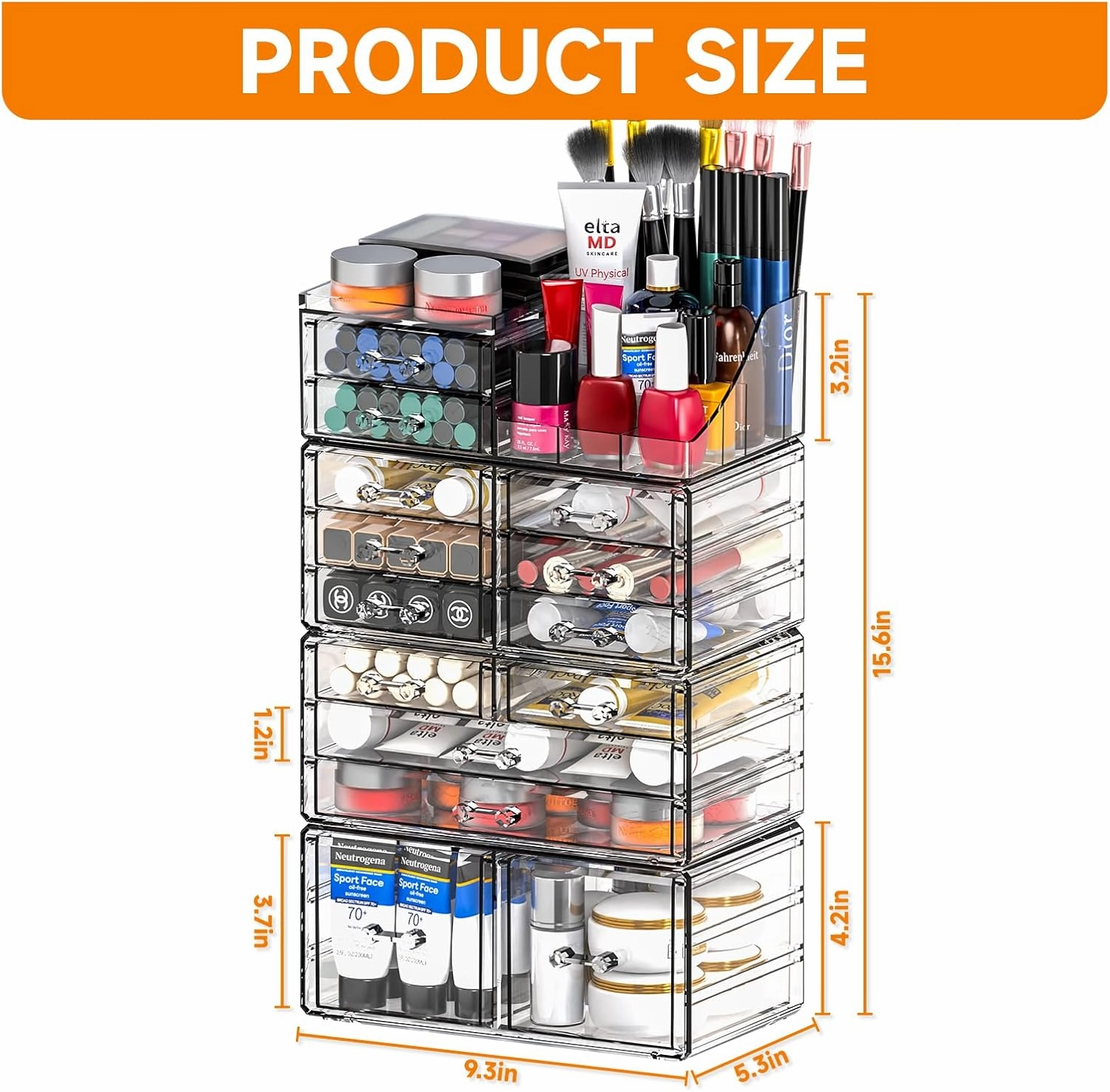 Cq acrylic Make Up Organizers for Vanity With 14 Drawers, 4 Pack Clear Drawer Organizers,Plastic Cute Desk Accessories Organization and Bathroom Organizers Storage Case Box Cube for Beauty,Skin Care