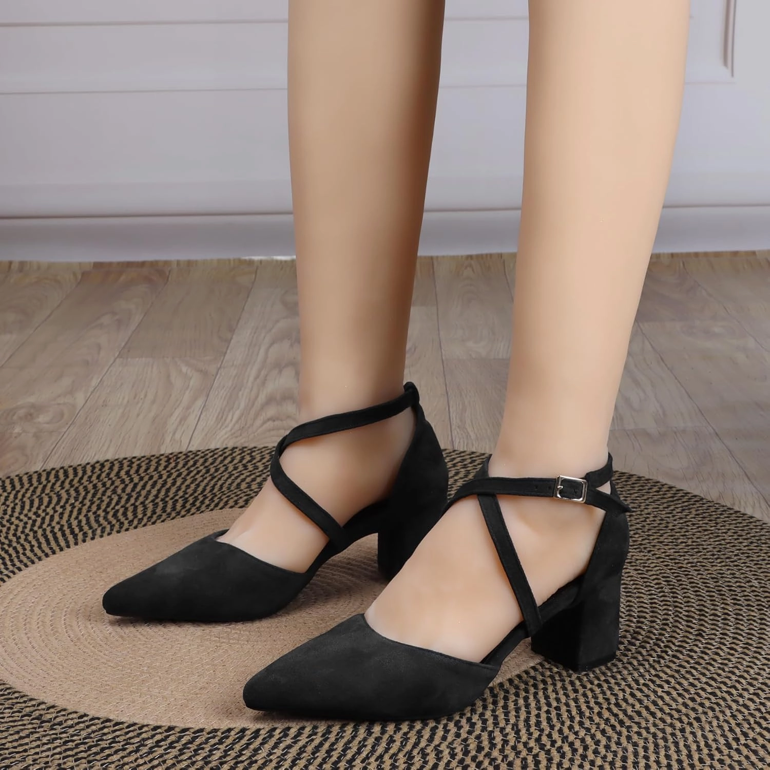 Cross Strappy Heels for Women Pointy Closed Toe Ankle Strap D'Orsay Pumps 2 Inch Low Chunky Block Suede PU Leather Heels Comfortable Dressy Formal Shoes