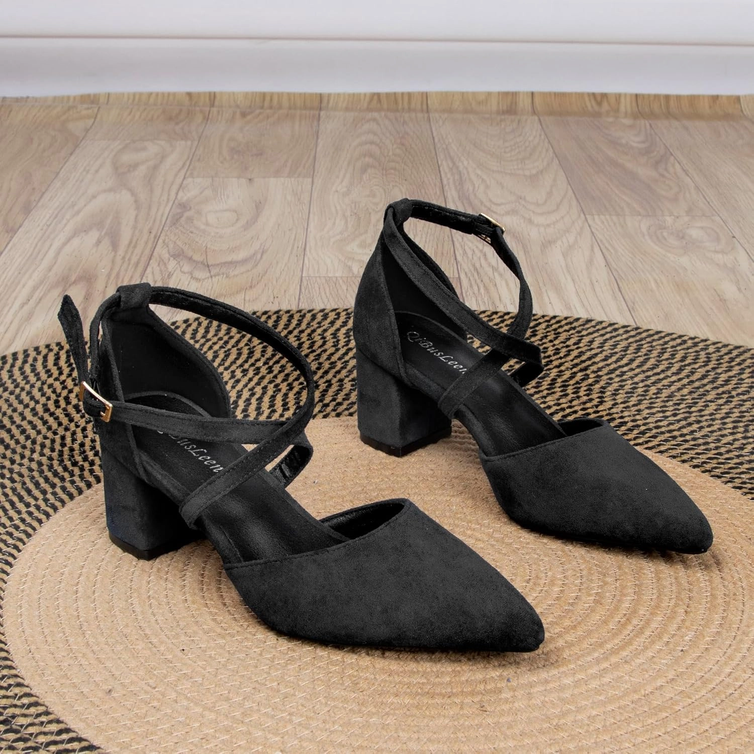 Cross Strappy Heels for Women Pointy Closed Toe Ankle Strap D'Orsay Pumps 2 Inch Low Chunky Block Suede PU Leather Heels Comfortable Dressy Formal Shoes