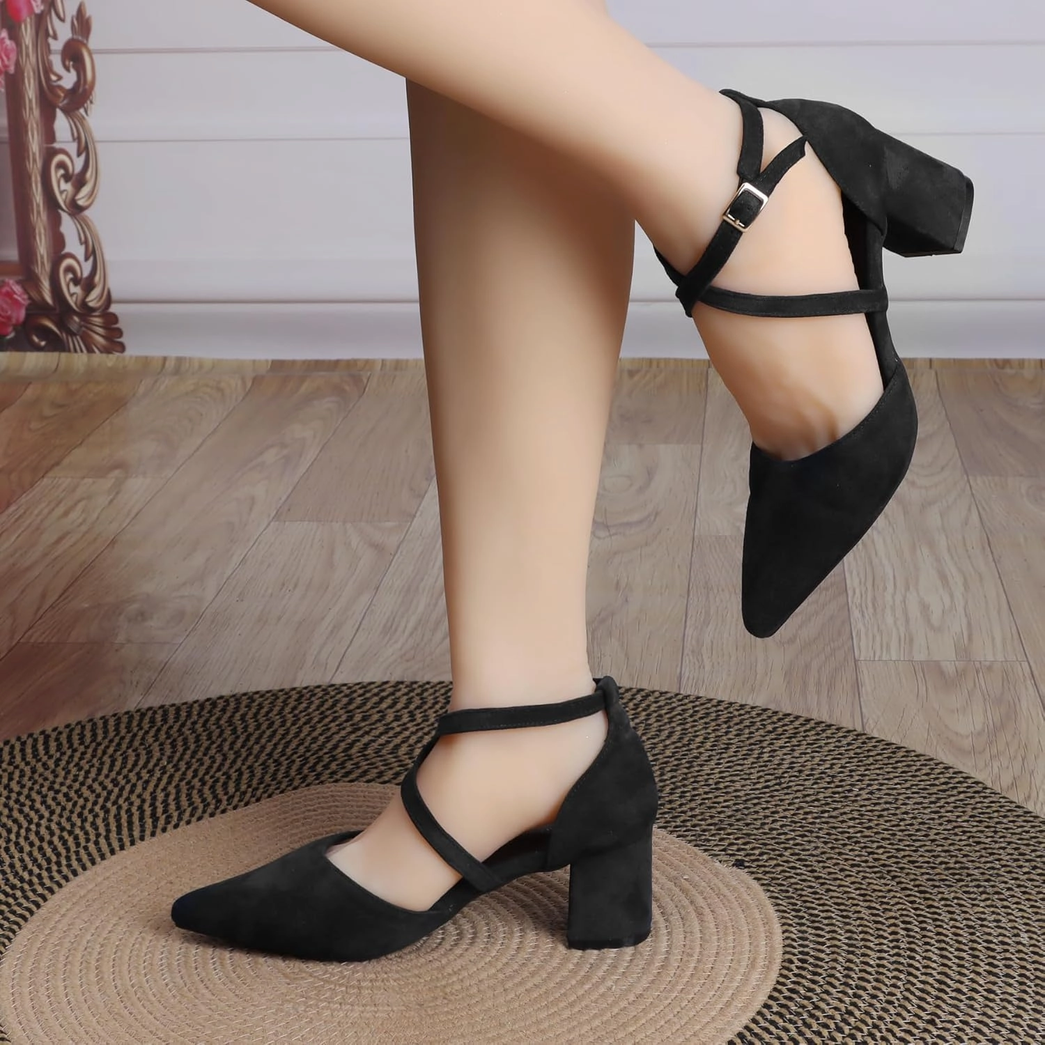 Cross Strappy Heels for Women Pointy Closed Toe Ankle Strap D'Orsay Pumps 2 Inch Low Chunky Block Suede PU Leather Heels Comfortable Dressy Formal Shoes
