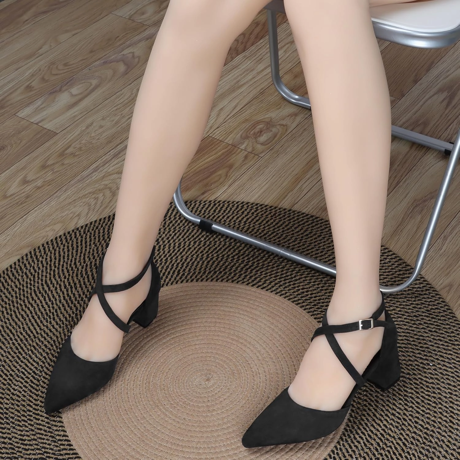 Cross Strappy Heels for Women Pointy Closed Toe Ankle Strap D'Orsay Pumps 2 Inch Low Chunky Block Suede PU Leather Heels Comfortable Dressy Formal Shoes