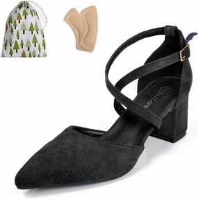 Cross Strappy Heels for Women Pointy Closed Toe Ankle Strap D'Orsay Pumps 2 Inch Low Chunky Block Suede PU Leather Heels Comfortable Dressy Formal Shoes