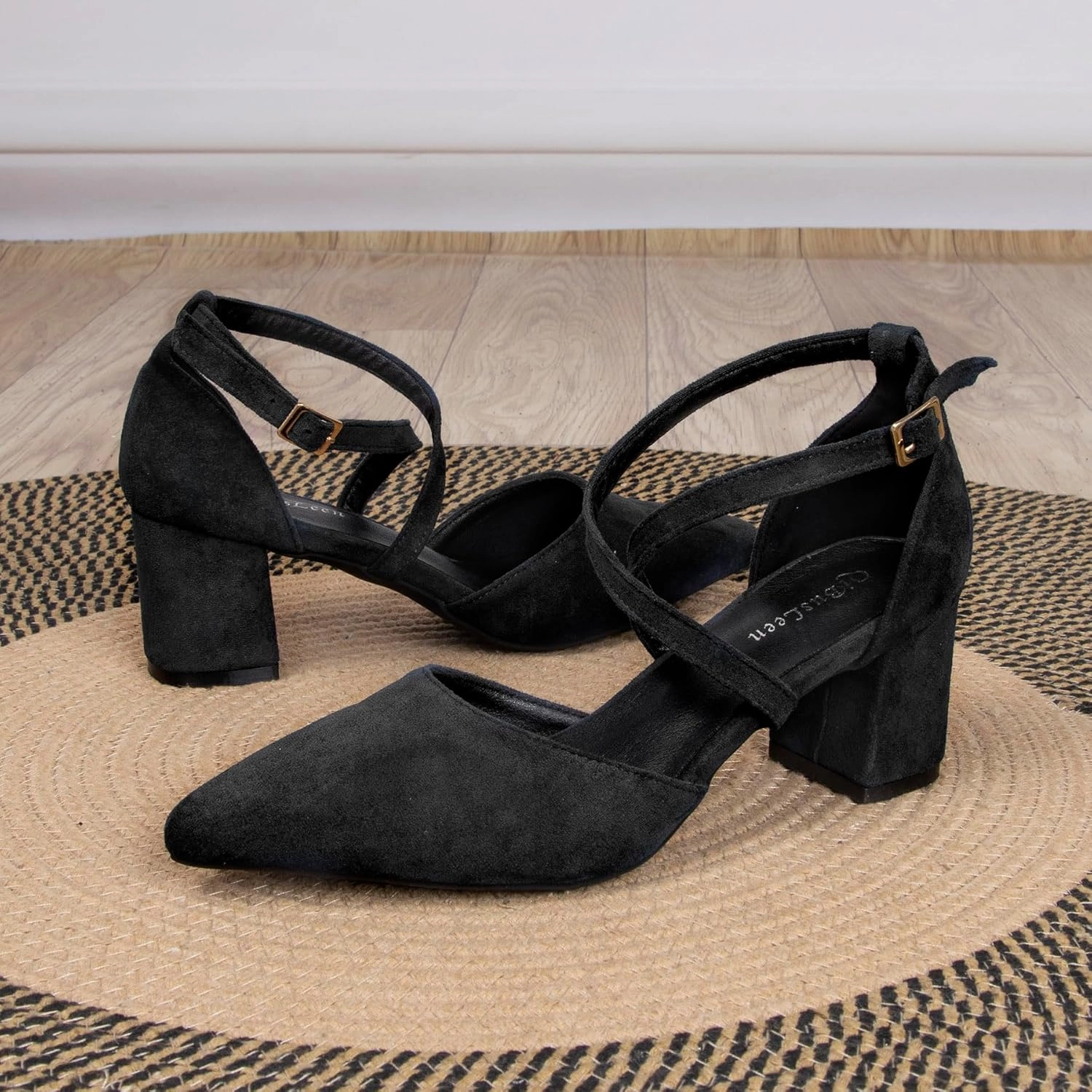 Cross Strappy Heels for Women Pointy Closed Toe Ankle Strap D'Orsay Pumps 2 Inch Low Chunky Block Suede PU Leather Heels Comfortable Dressy Formal Shoes