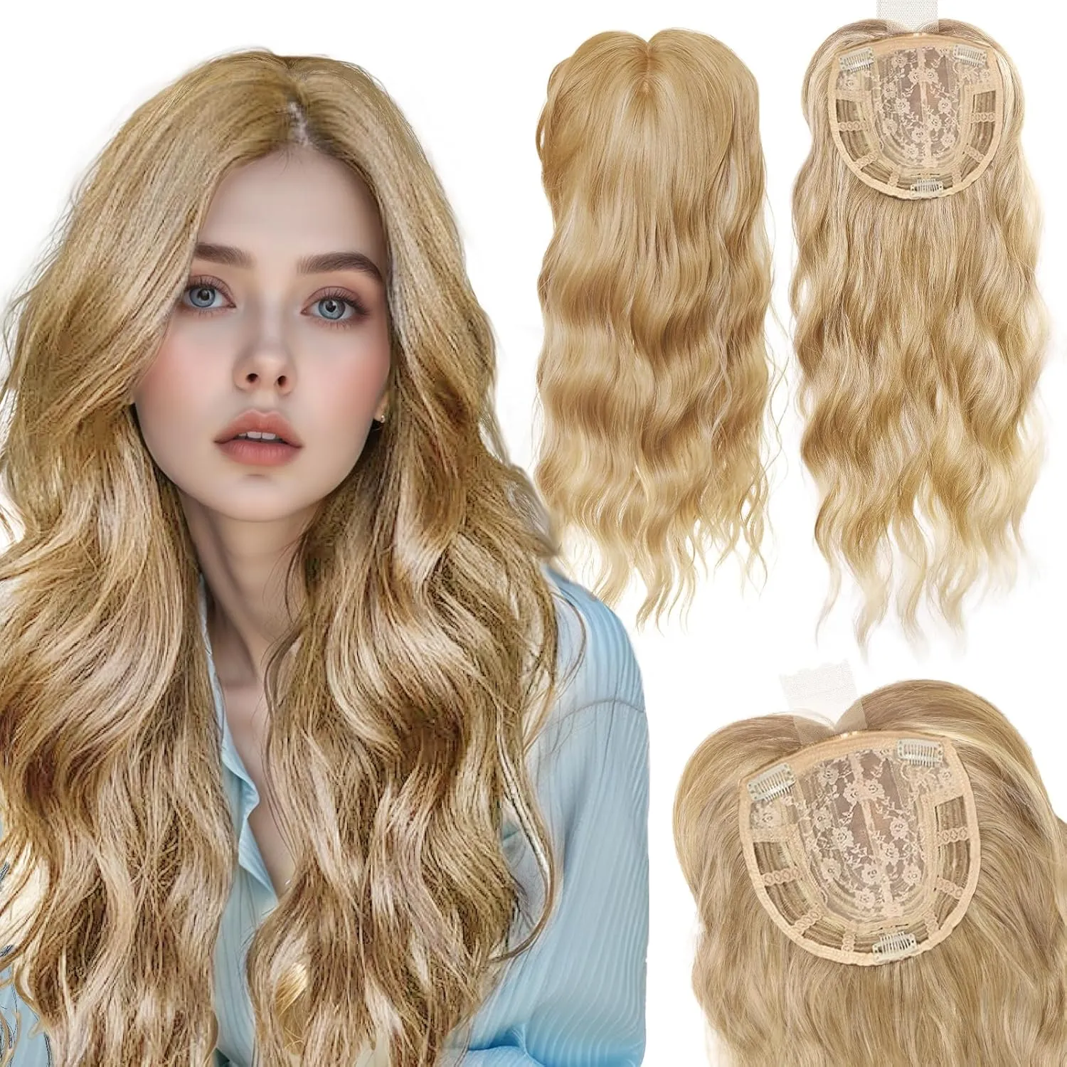 CROWN GUIDE Hair Toppers for Women with Thinning Hair 20 Inch, 360°3D Wig Topper Hair Pieces for Women Synthetic Curly Wavy Wispy Clip in Bangs for Dialy Wear (Champagne Blonde, 20inch)