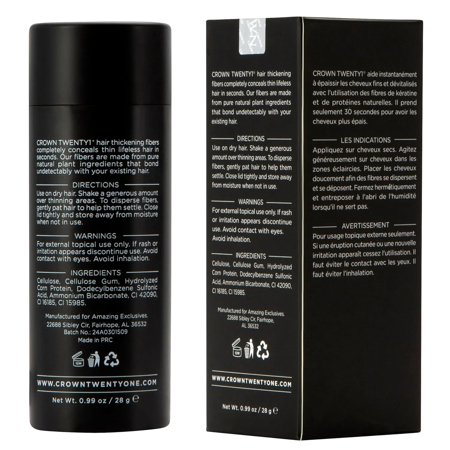 CROWN Hair Building Fibers (28g) - Instantly Cover Fine & Thinning Hair for a Thicker, Fuller Look - A Natural Keratin Concealer - 13 Shades for Men & Women - Black
