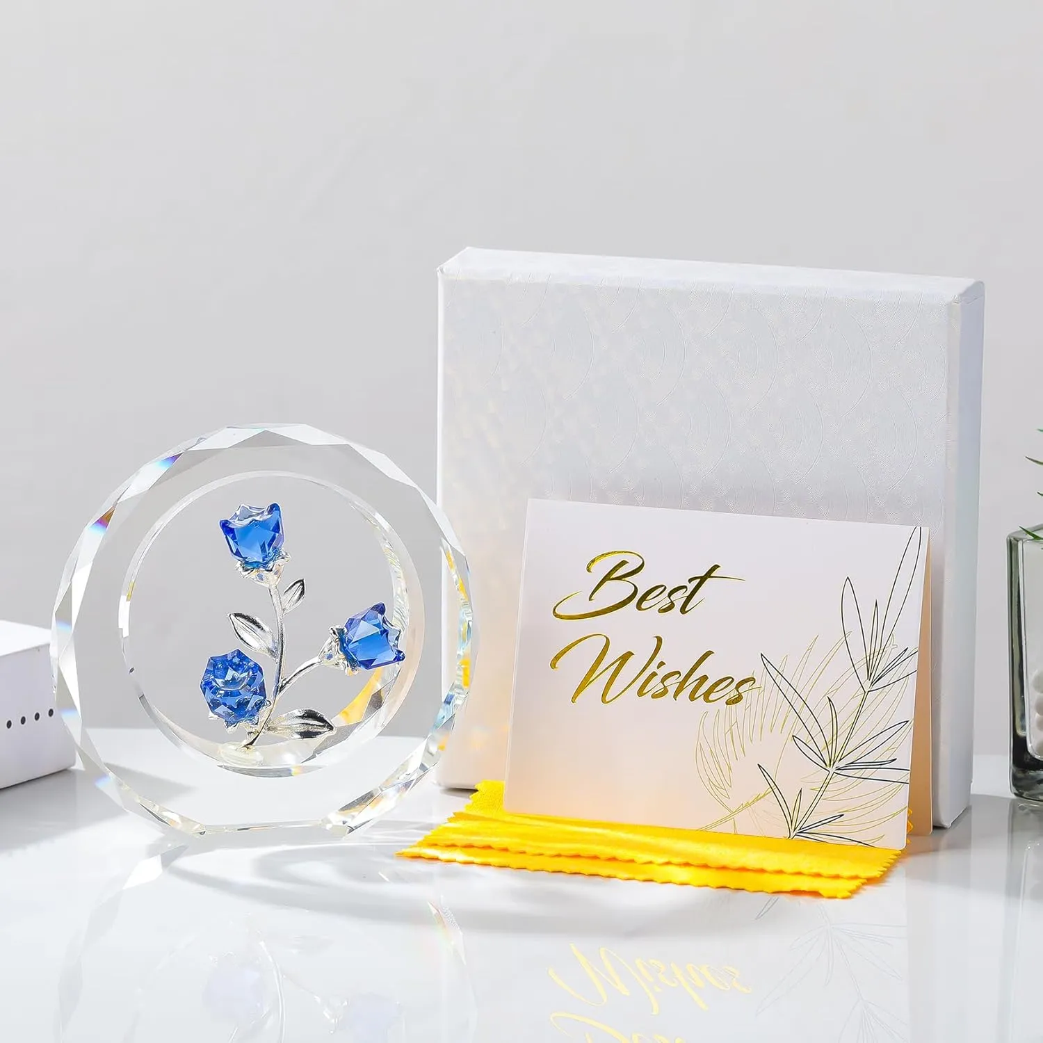 Crystal Blue Rose Figurine with Outer Circular Ring, Glass Bouquet Collectible Gifts for Her Wife on Birthday Anniversary, Handmade Decorative Flower Presents for Mom Home Table Decor