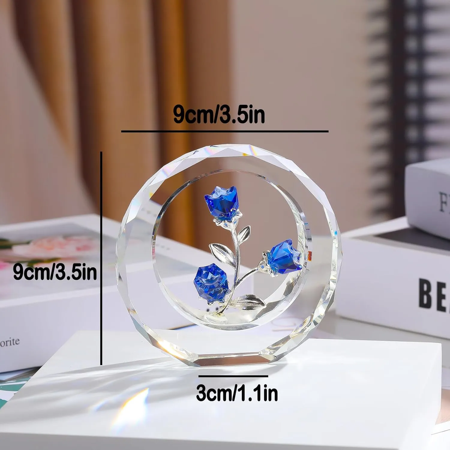 Crystal Blue Rose Figurine with Outer Circular Ring, Glass Bouquet Collectible Gifts for Her Wife on Birthday Anniversary, Handmade Decorative Flower Presents for Mom Home Table Decor