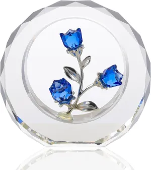 Crystal Blue Rose Figurine with Outer Circular Ring, Glass Bouquet Collectible Gifts for Her Wife on Birthday Anniversary, Handmade Decorative Flower Presents for Mom Home Table Decor