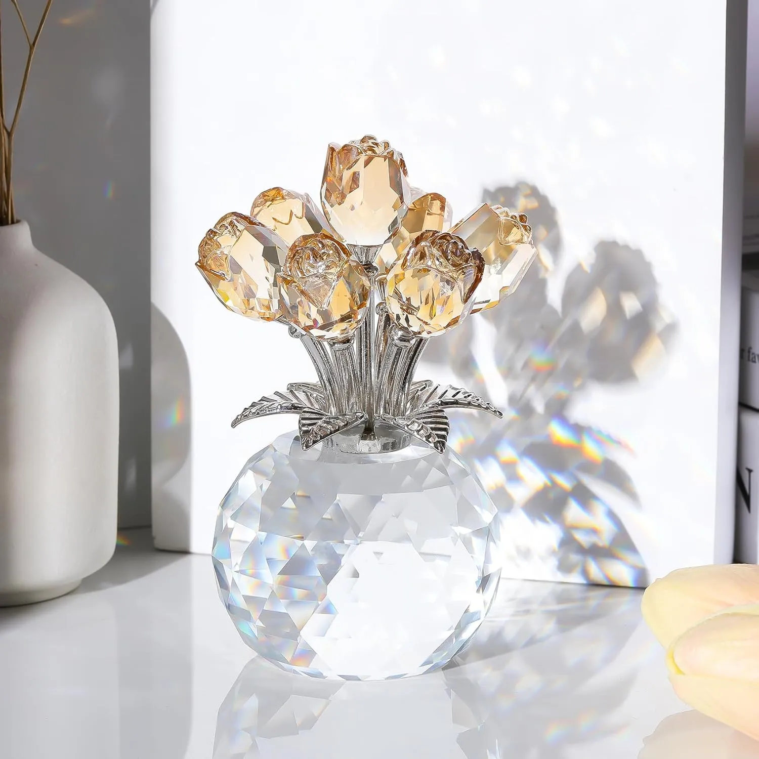 Crystal Gold Rose Bouquet Figurine with Round Vase, Glass Rose Flower Romantic Gifts for Women Mom on Christmas, Collectible Decoration Table Centerpiece for Home