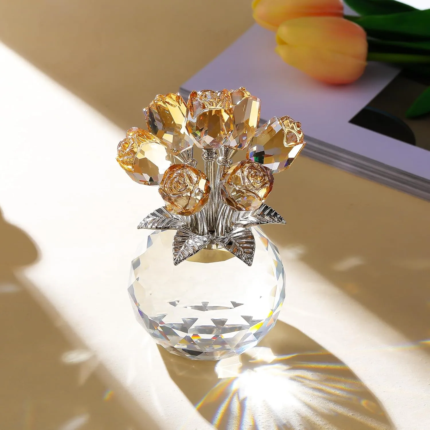 Crystal Gold Rose Bouquet Figurine with Round Vase, Glass Rose Flower Romantic Gifts for Women Mom on Christmas, Collectible Decoration Table Centerpiece for Home