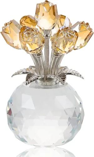 Crystal Gold Rose Bouquet Figurine with Round Vase, Glass Rose Flower Romantic Gifts for Women Mom on Christmas, Collectible Decoration Table Centerpiece for Home