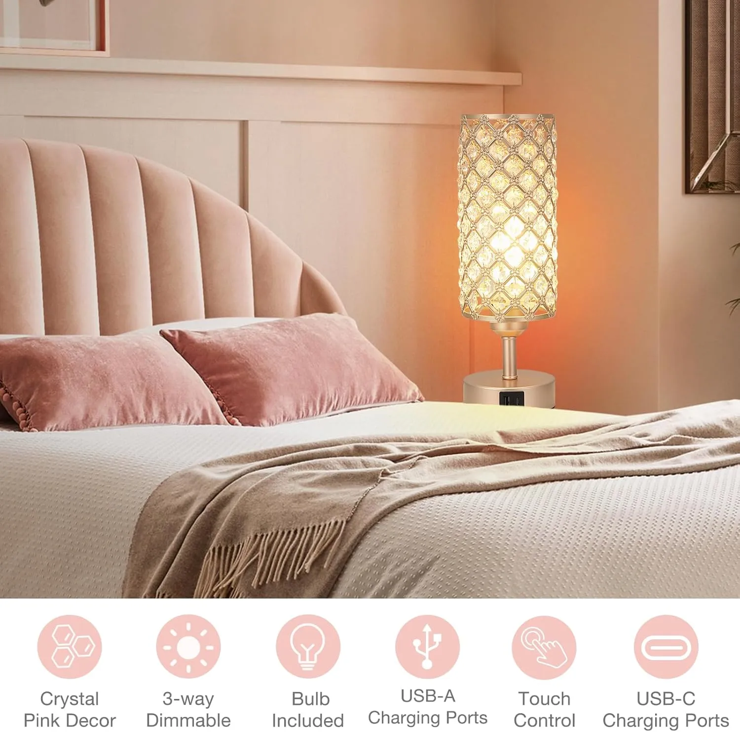 Crystal Table Lamp with USB C A Ports, 3 Way Dimmable Touch Lamp with Crystal Shade, Champagne Gold Bedside Nightstand Small Lamp for Living Room Bedroom Home Office