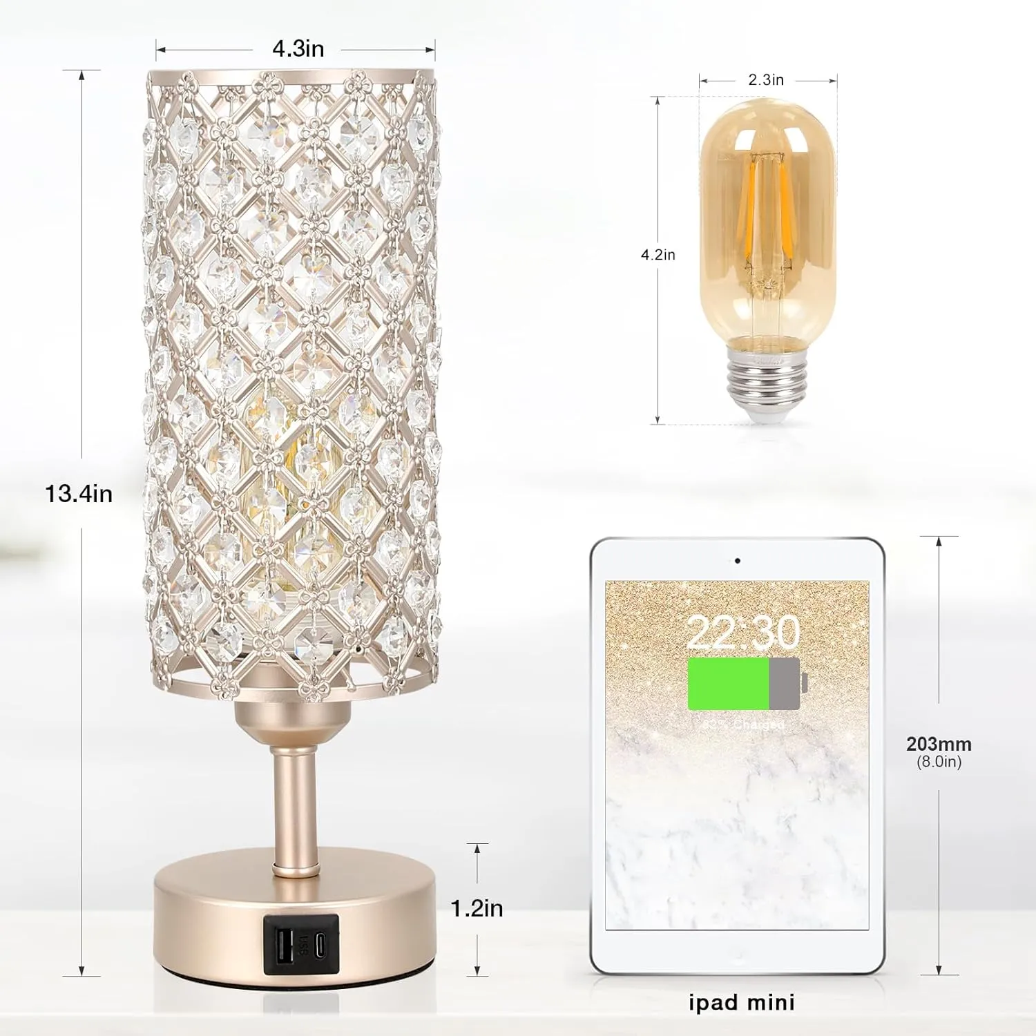 Crystal Table Lamp with USB C A Ports, 3 Way Dimmable Touch Lamp with Crystal Shade, Champagne Gold Bedside Nightstand Small Lamp for Living Room Bedroom Home Office
