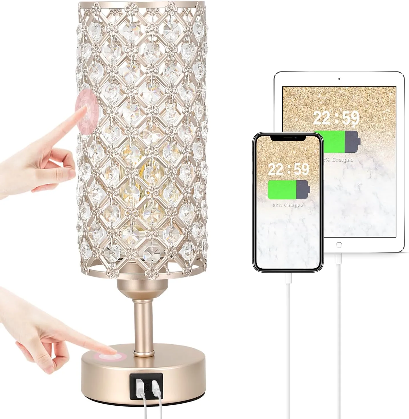 Crystal Table Lamp with USB C A Ports, 3 Way Dimmable Touch Lamp with Crystal Shade, Champagne Gold Bedside Nightstand Small Lamp for Living Room Bedroom Home Office