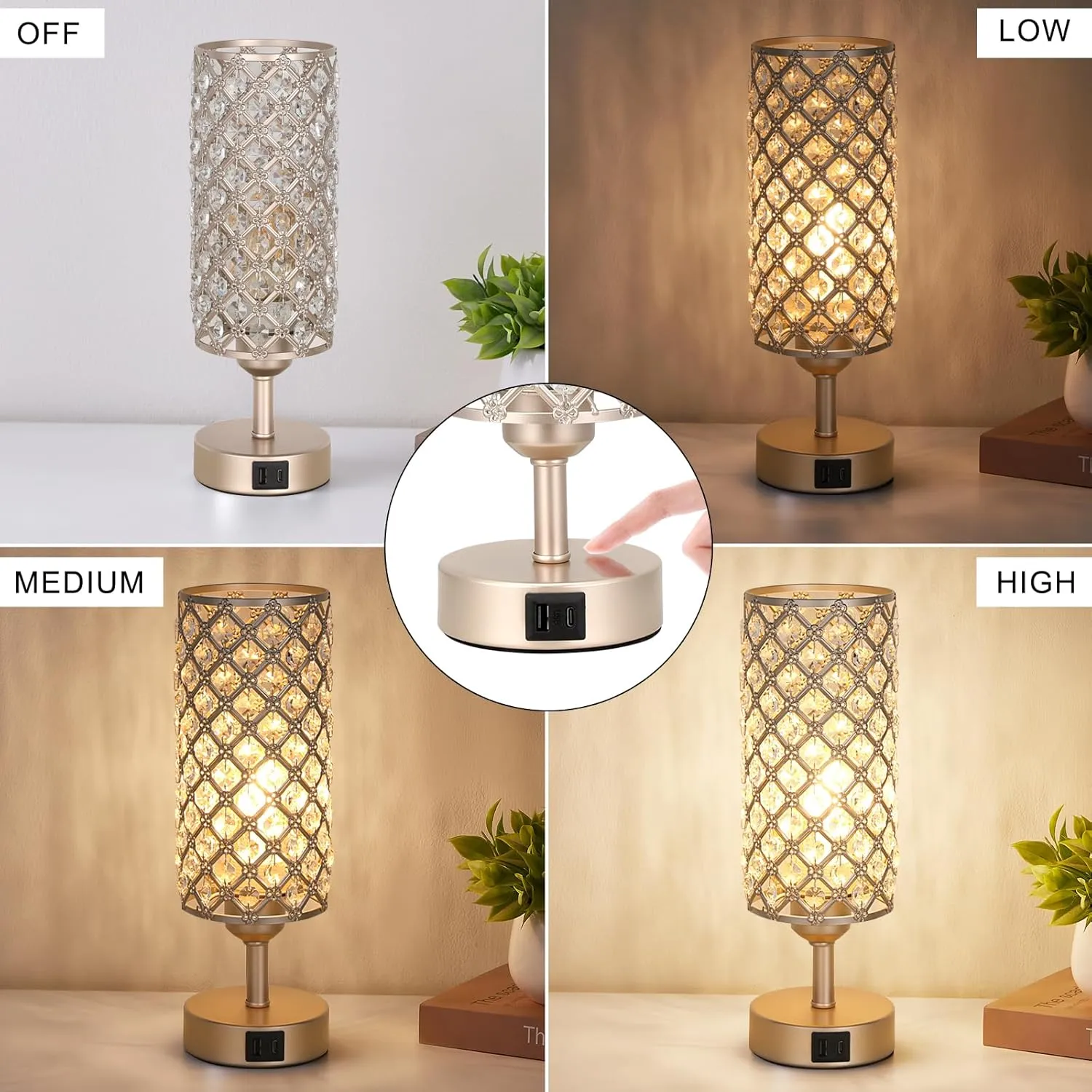 Crystal Table Lamp with USB C A Ports, 3 Way Dimmable Touch Lamp with Crystal Shade, Champagne Gold Bedside Nightstand Small Lamp for Living Room Bedroom Home Office