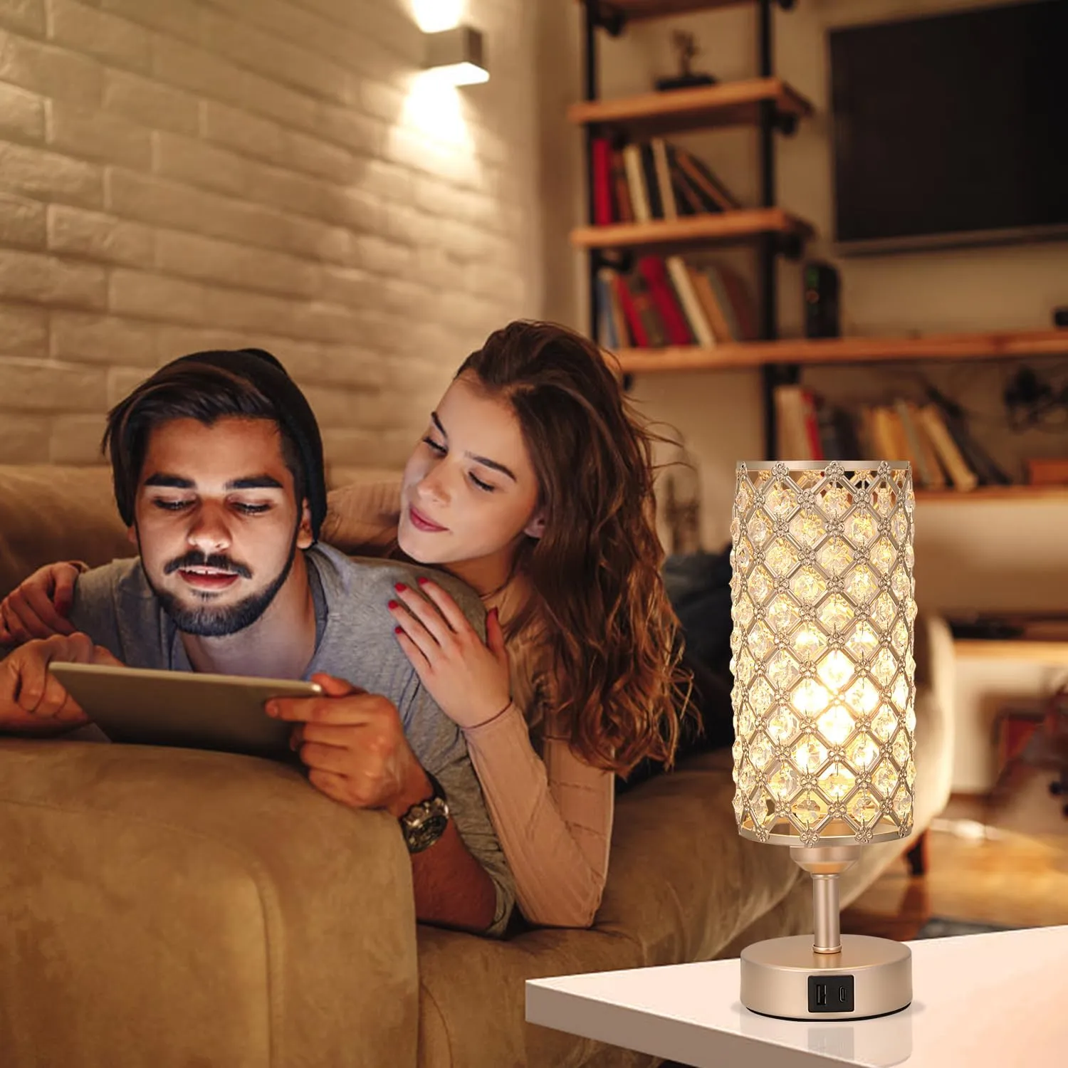 Crystal Table Lamp with USB C A Ports, 3 Way Dimmable Touch Lamp with Crystal Shade, Champagne Gold Bedside Nightstand Small Lamp for Living Room Bedroom Home Office