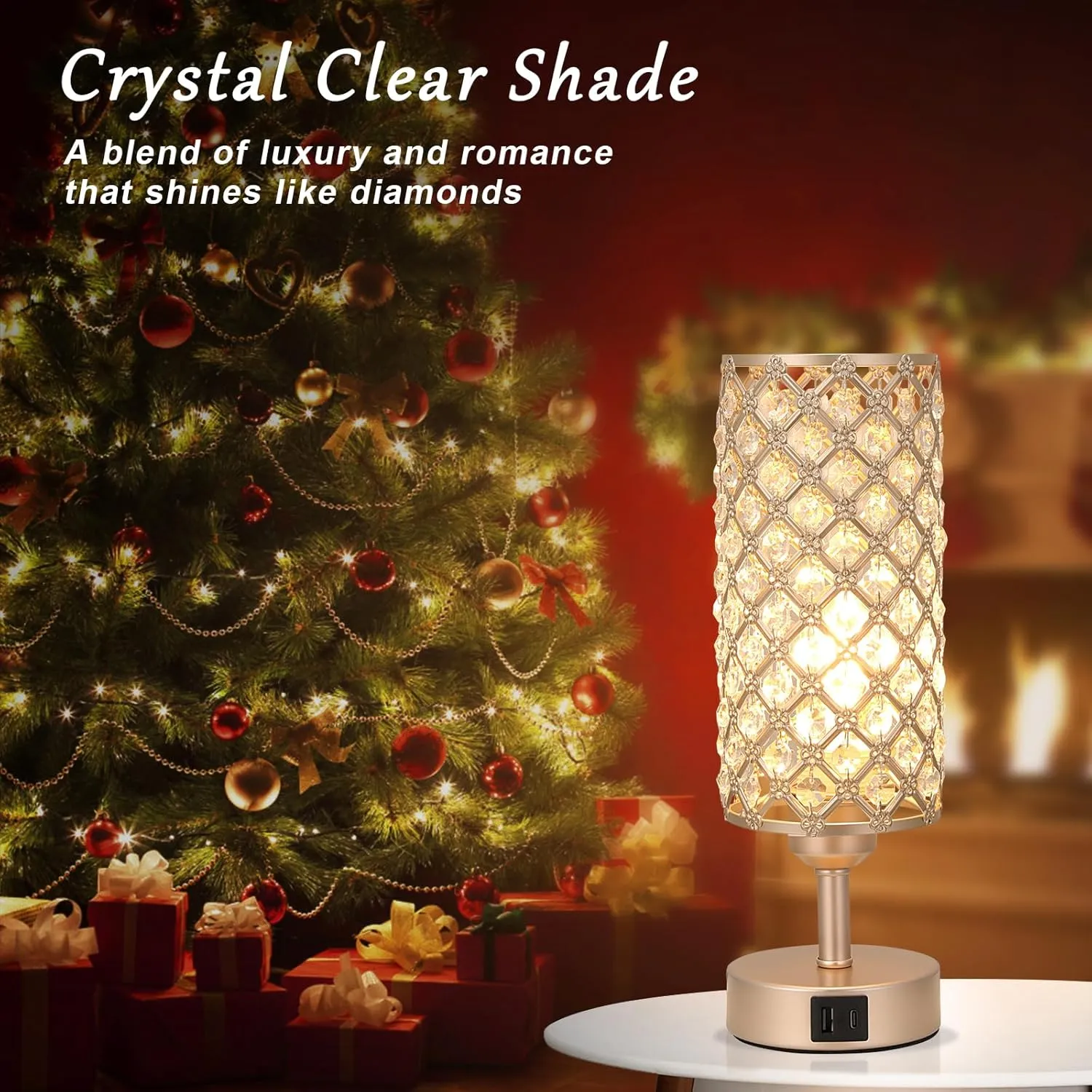 Crystal Table Lamp with USB C A Ports, 3 Way Dimmable Touch Lamp with Crystal Shade, Champagne Gold Bedside Nightstand Small Lamp for Living Room Bedroom Home Office