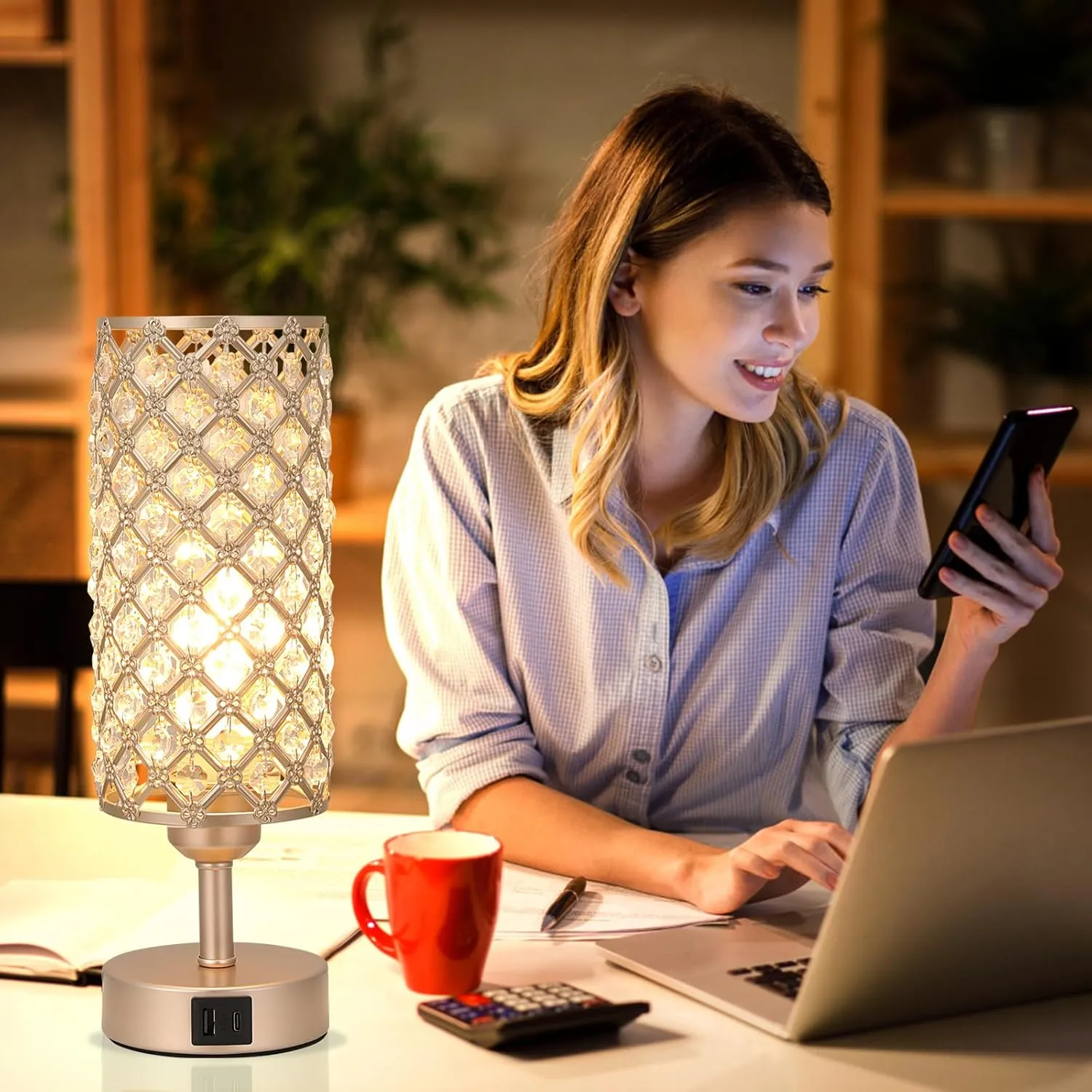 Crystal Table Lamp with USB C A Ports, 3 Way Dimmable Touch Lamp with Crystal Shade, Champagne Gold Bedside Nightstand Small Lamp for Living Room Bedroom Home Office